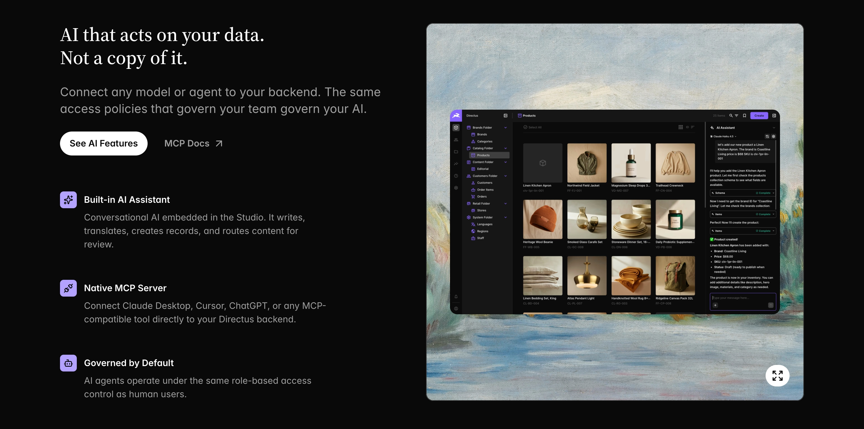 Directus AI feature section with headline, three capability blocks, and a Studio product grid beside an AI assistant.