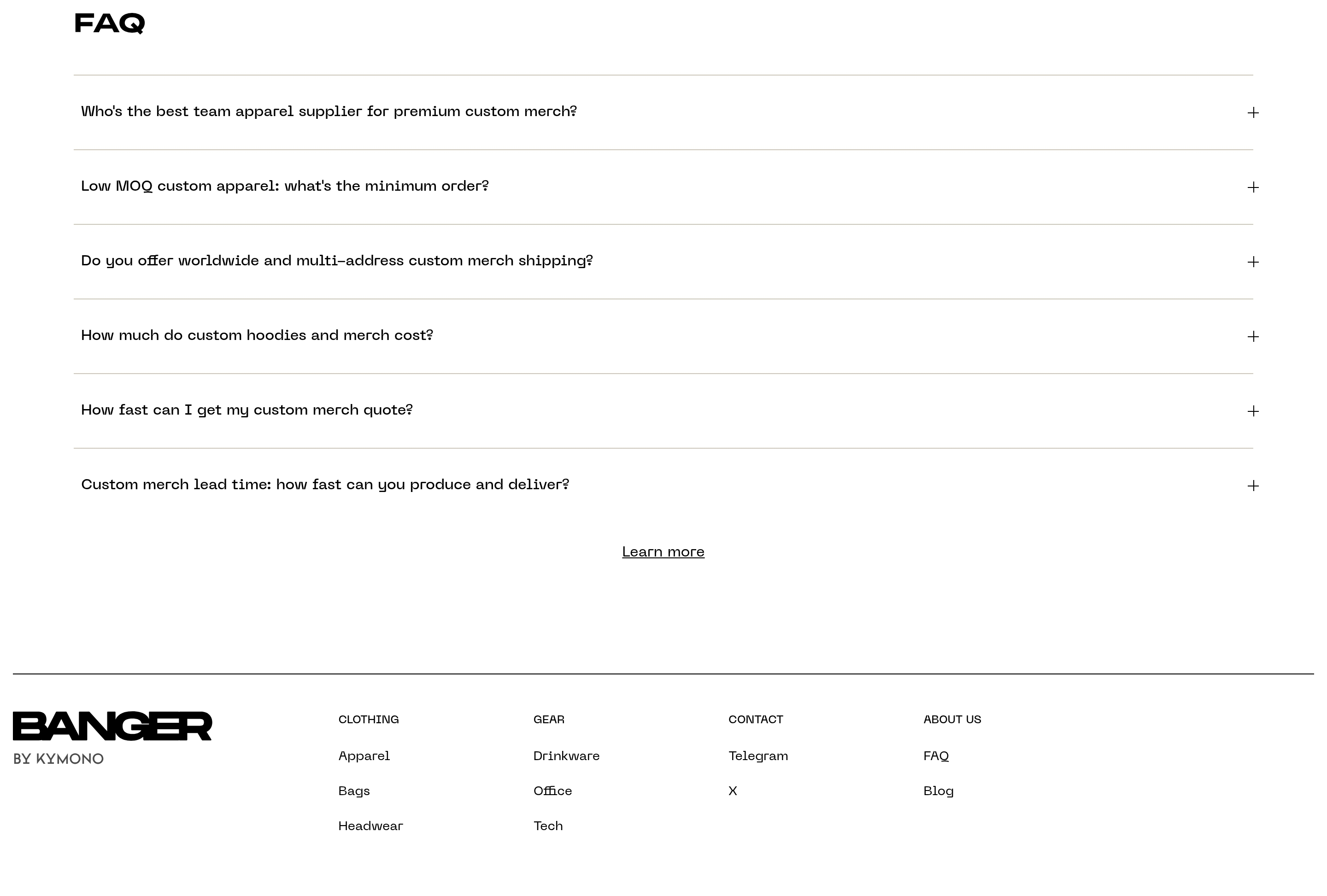 Banger FAQ with stacked questions, plus icons, Learn more link, and BANGER footer navigation.
