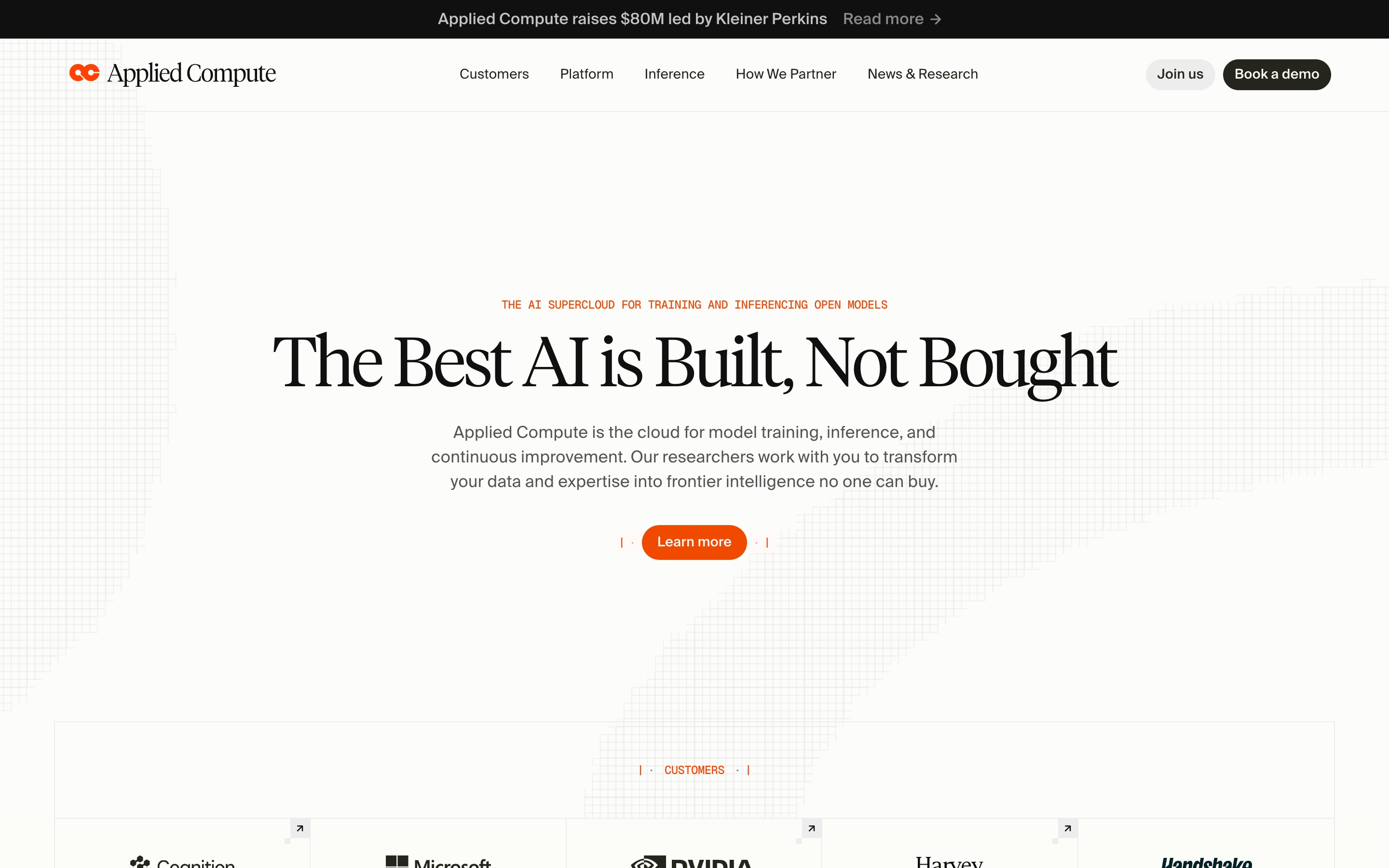 Applied Compute hero: nav, oversized serif headline ‘The Best AI is Built, Not Bought’, body copy, orange CTA, side grids