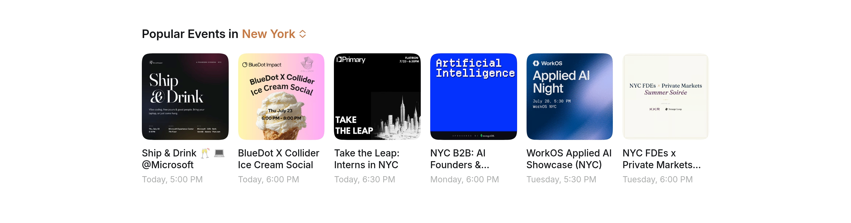 Luma popular events gallery with six New York event cards featuring posters, titles and times
