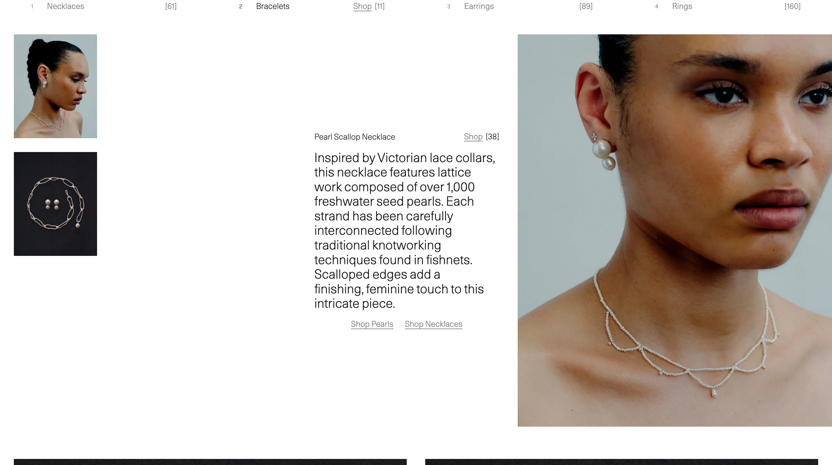 Wwake product feature for the Pearl Scallop Necklace with stacked stills, craft copy, and a large worn-jewelry portrait.
