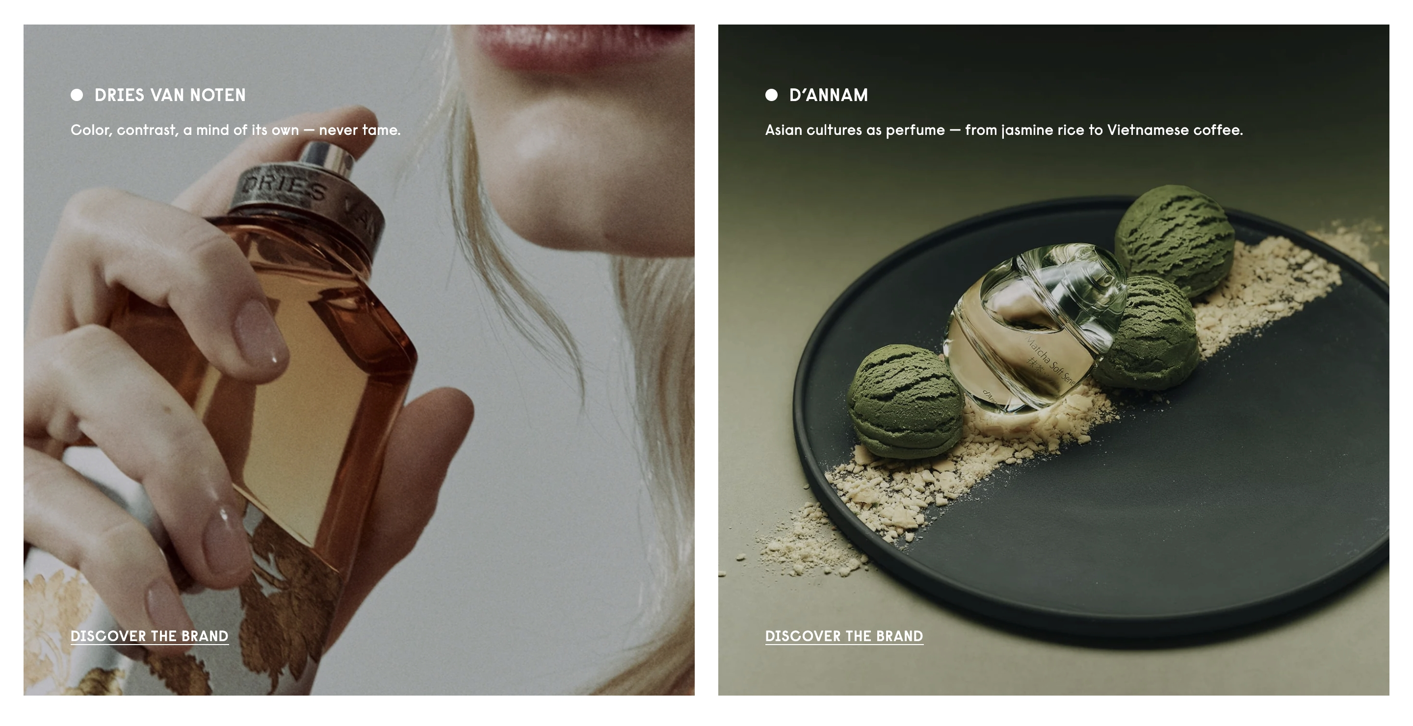 Duft und Kultur featured brands section with Dries Van Noten and D’Annam perfume photos and Discover the brand labels