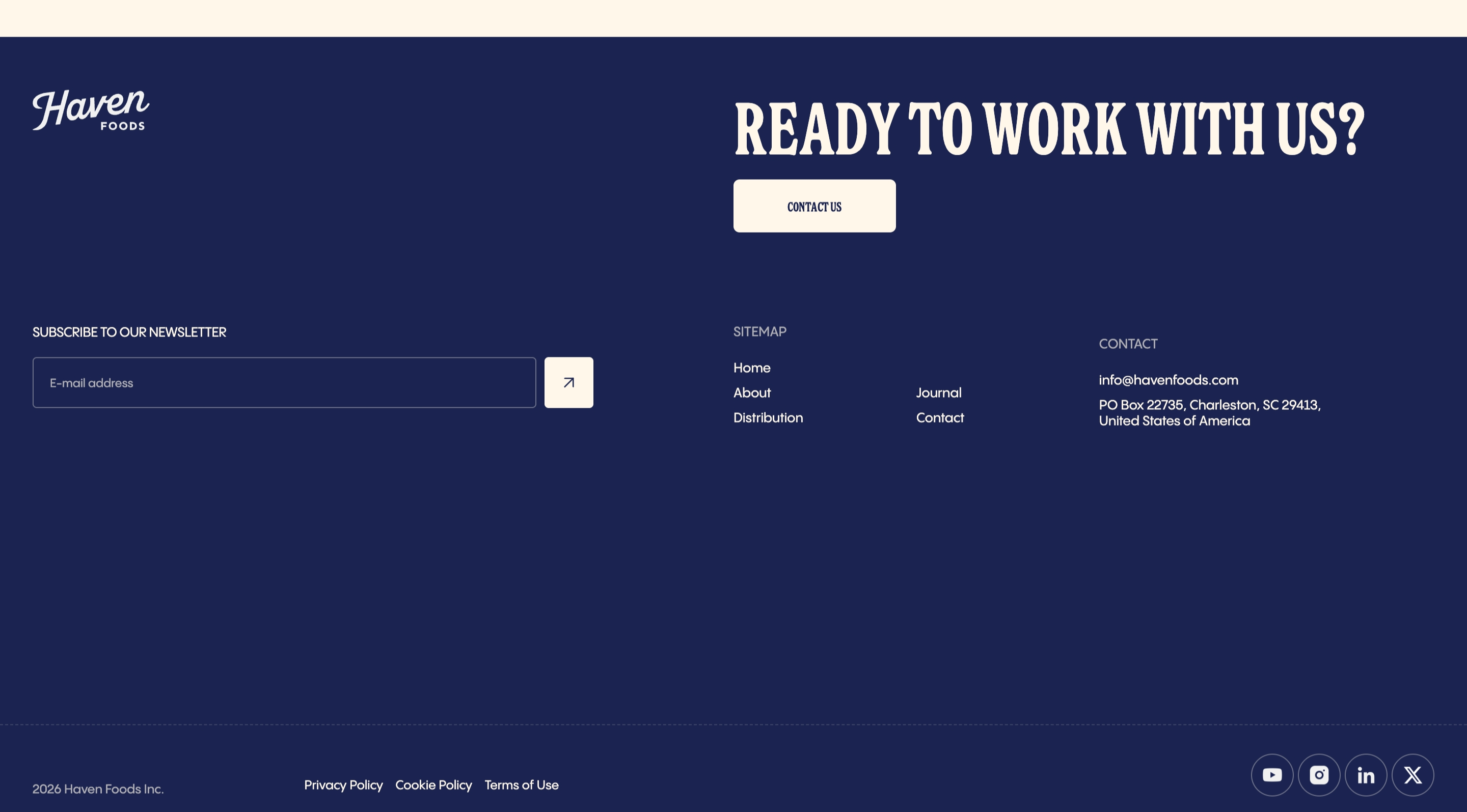 Haven Foods dark site footer with logo, work-with-us headline, newsletter, sitemap, contact, and legal links