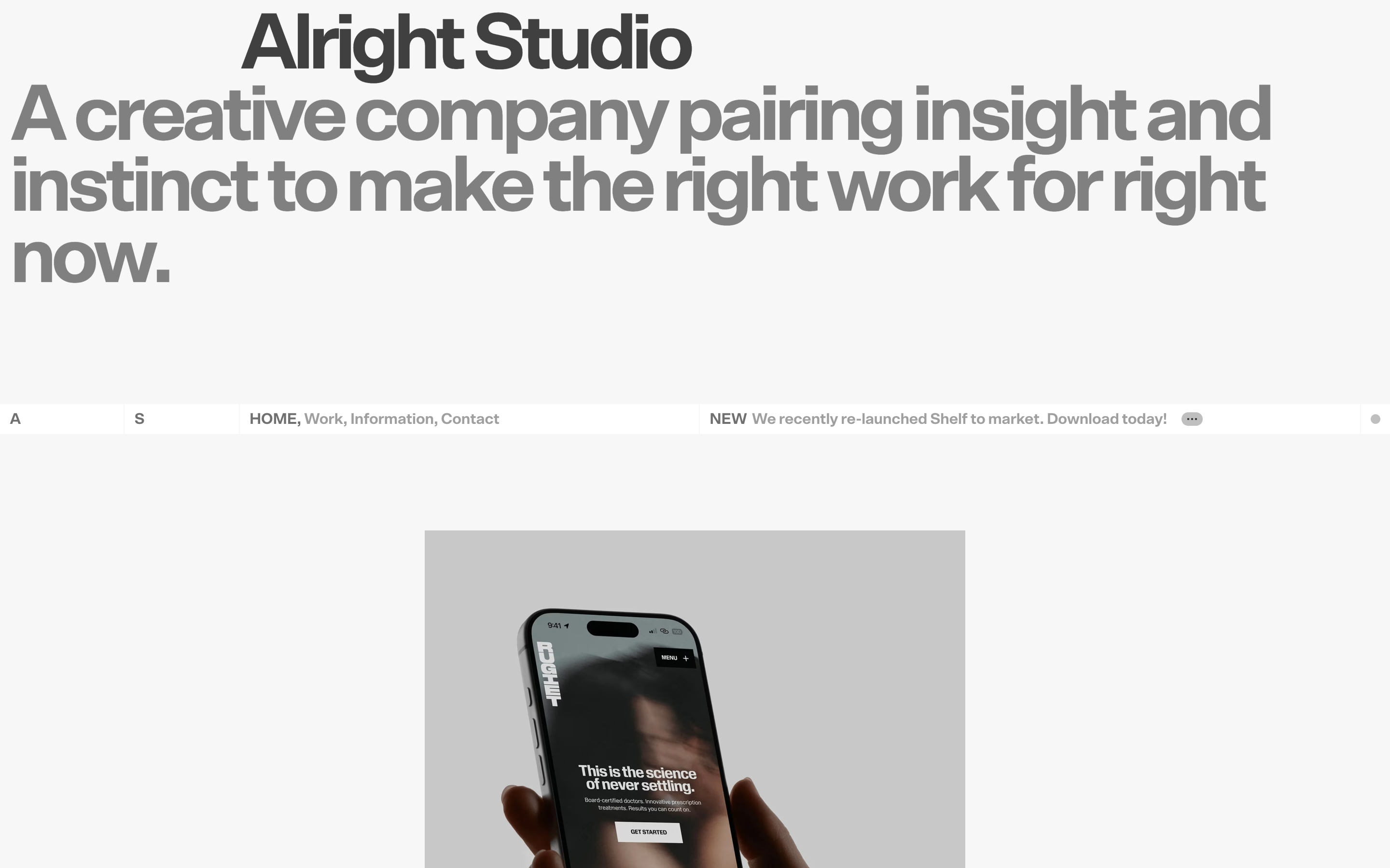 Alright Studio hero: oversized gray studio name and manifesto, mid-page nav bar, and a centered phone screenshot.