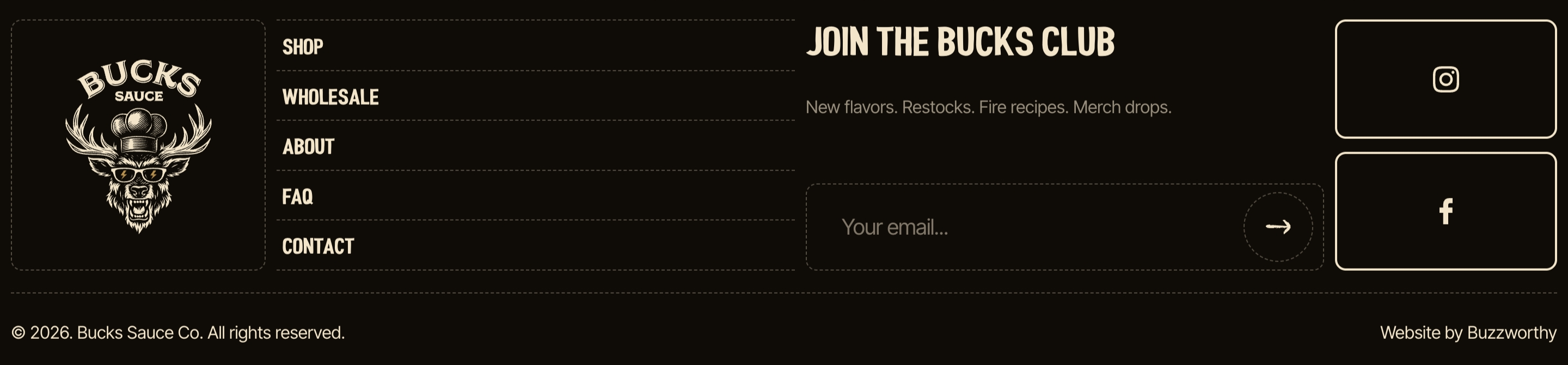 Bucks Sauce dark footer with buck logo, nav links, Join the Bucks Club email field, and social tiles