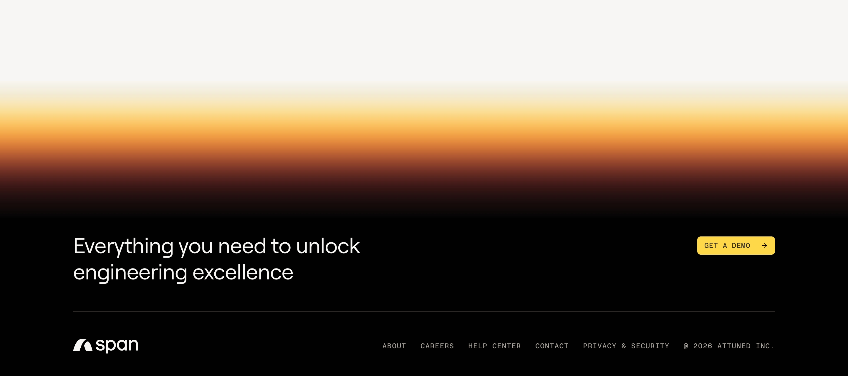 Span final CTA: sunset gradient, headline Everything you need to unlock engineering excellence, Get a Demo button, and footer links.