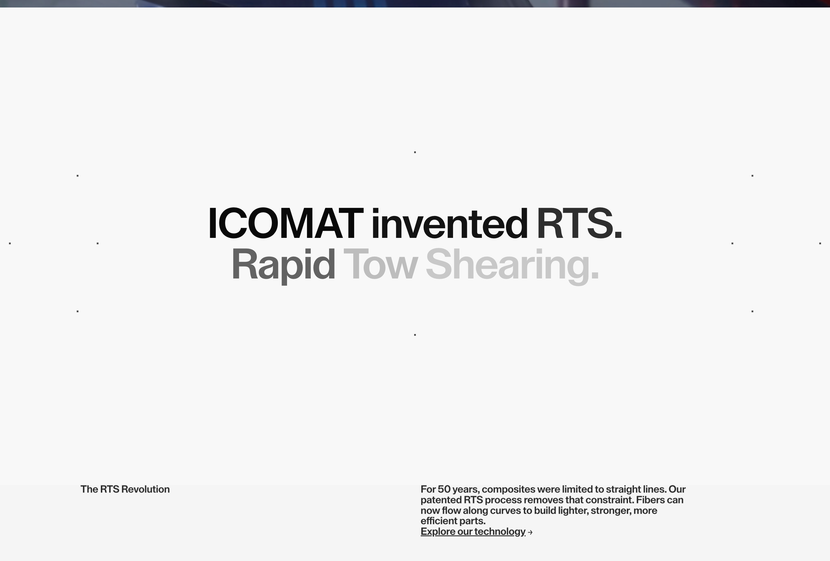 Icomat value proposition: oversized centered RTS headline and two-column RTS Revolution copy