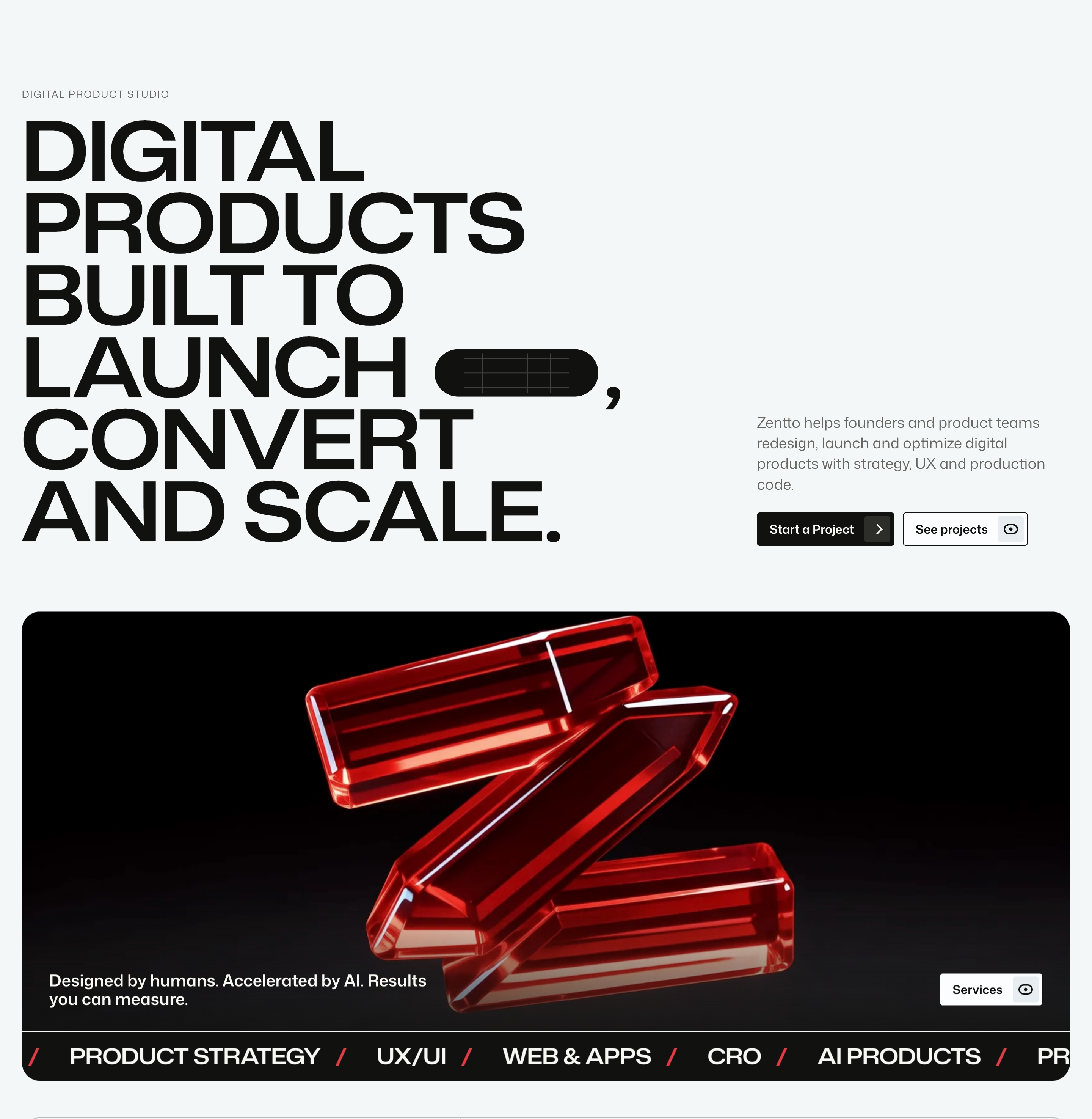 Zentto hero with oversized all-caps headline, dual CTAs, and a glossy red 3D letter Z on black.