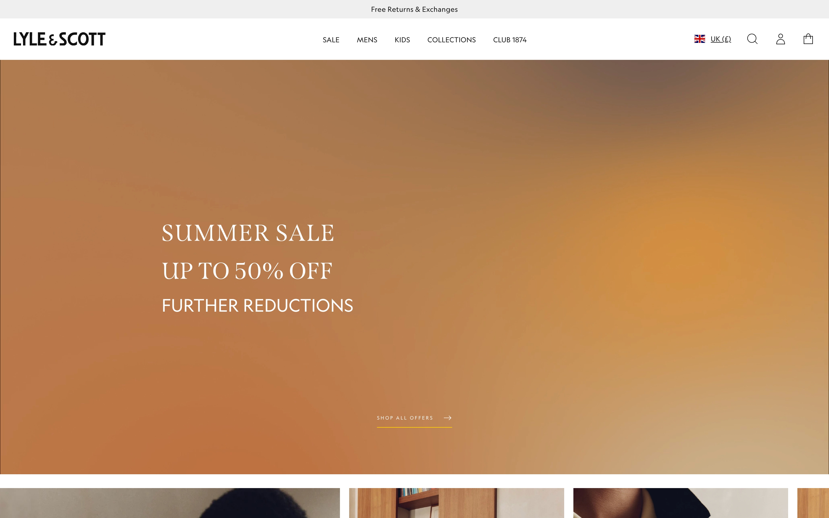 Lyle & Scott hero with warm orange gradient, centered summer sale headlines, and Shop All Offers link