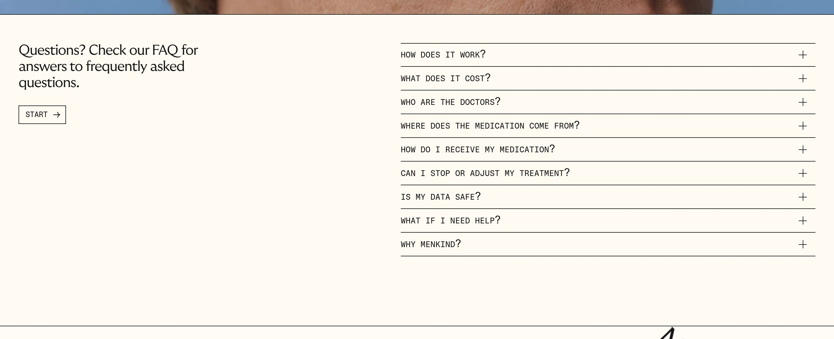 Menkind FAQ: cream two-column layout with serif intro, Start button, and all-caps questions with plus marks