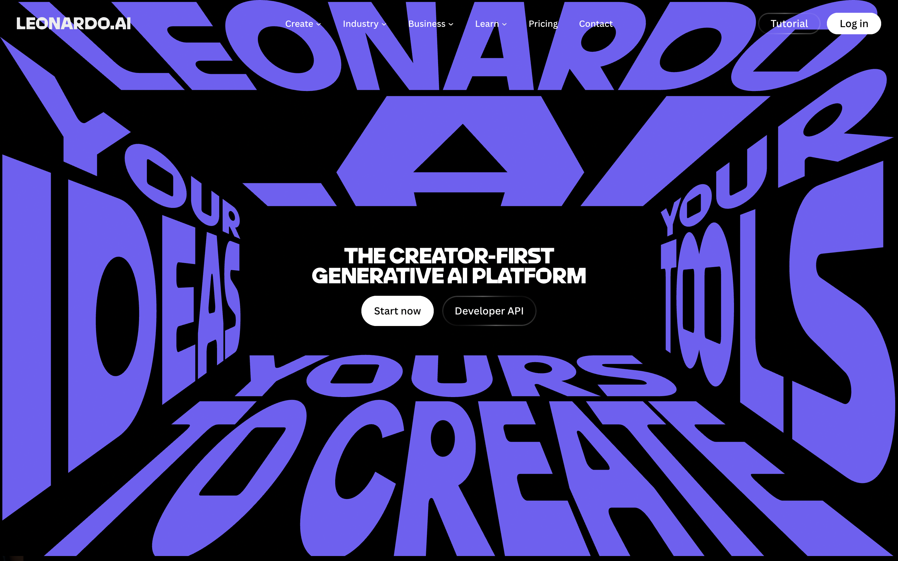 Leonardo.Ai hero: black fullscreen, purple 3D type corridor, centered headline, Start now and Developer API buttons