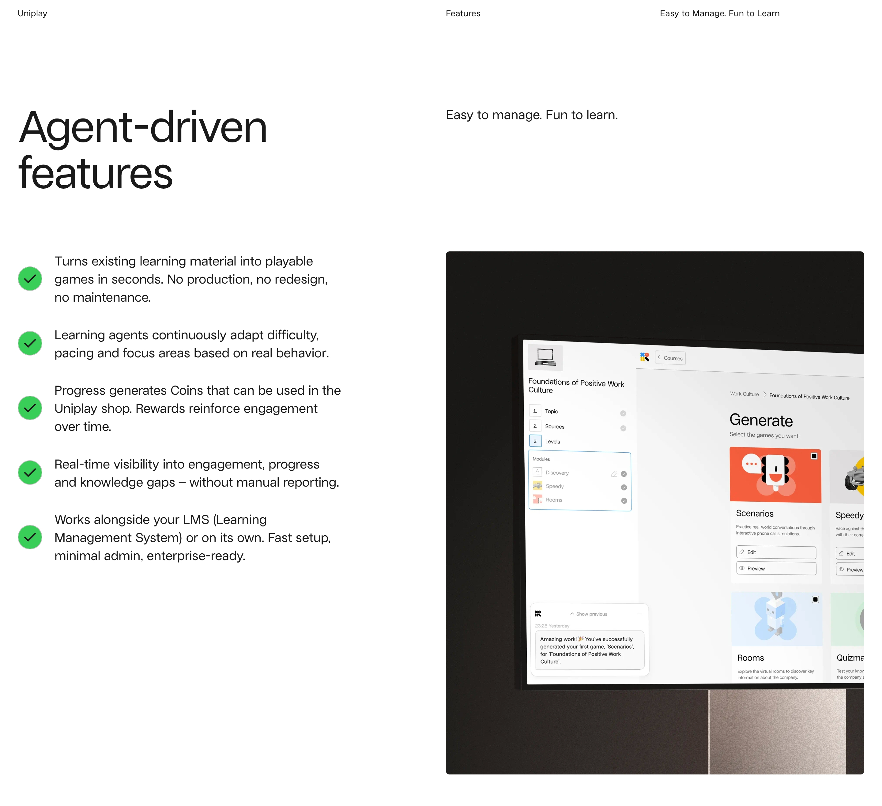 Uniplay features section with large headline, five checked benefits, and a laptop showing the game generator UI
