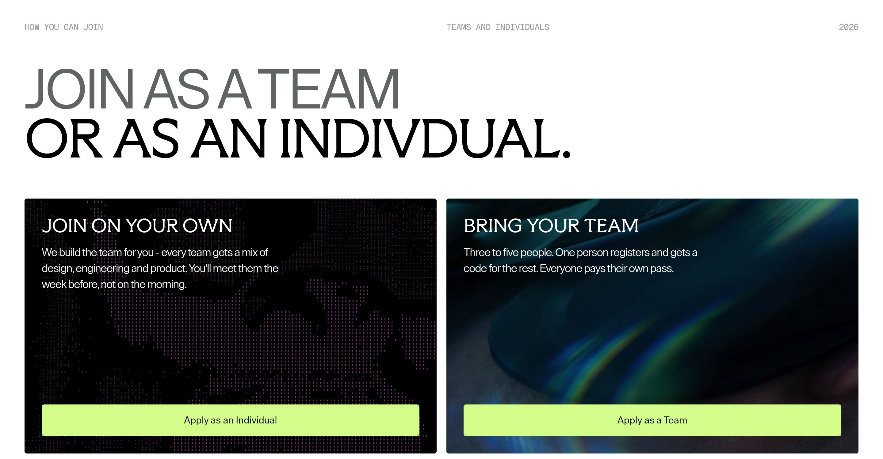 Builders Table registration section with a large mixed-type headline and two dark cards for individual and team applications.