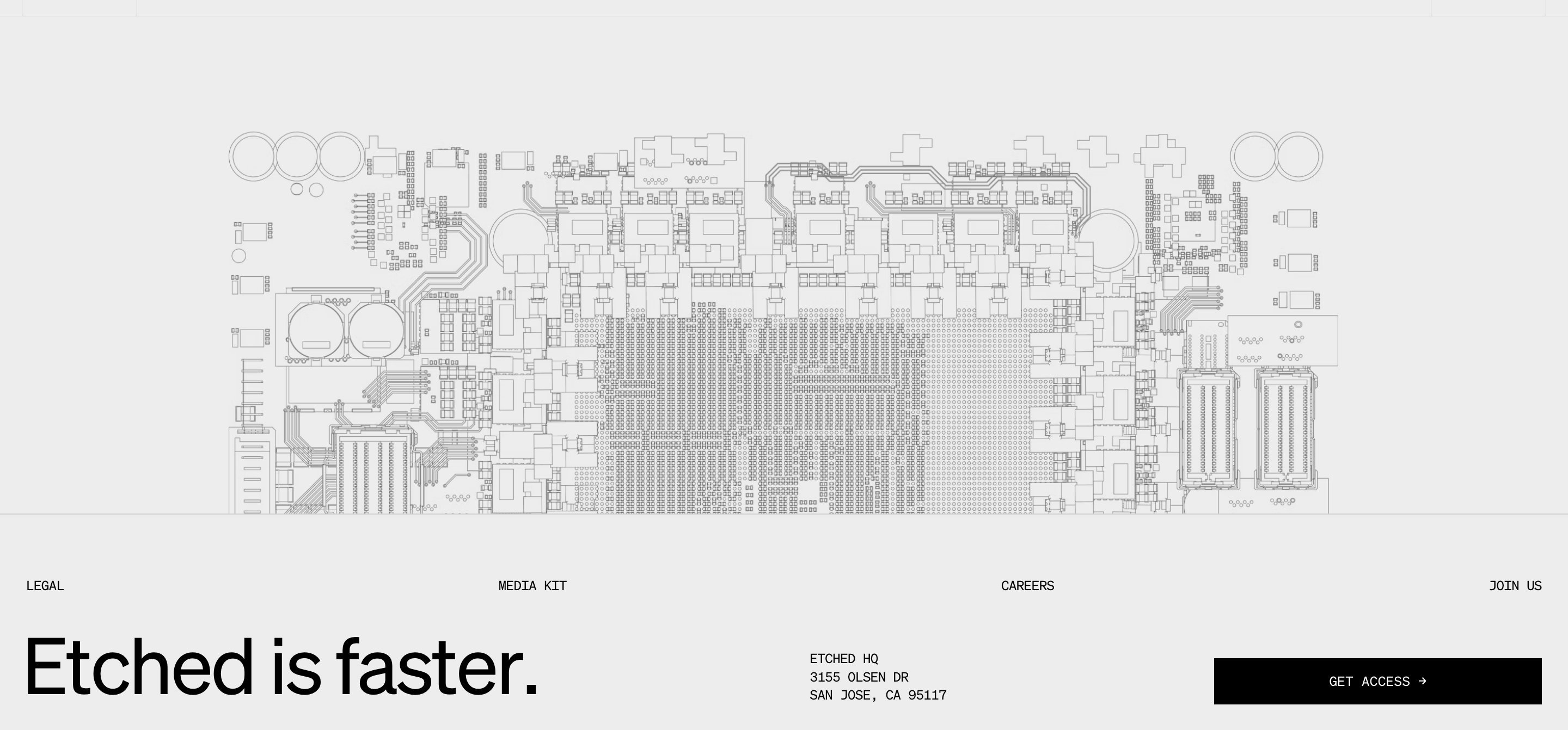 Etched footer with circuit-board line drawing, legal links, ‘Etched is faster.’ headline, San Jose address, and Get Access button