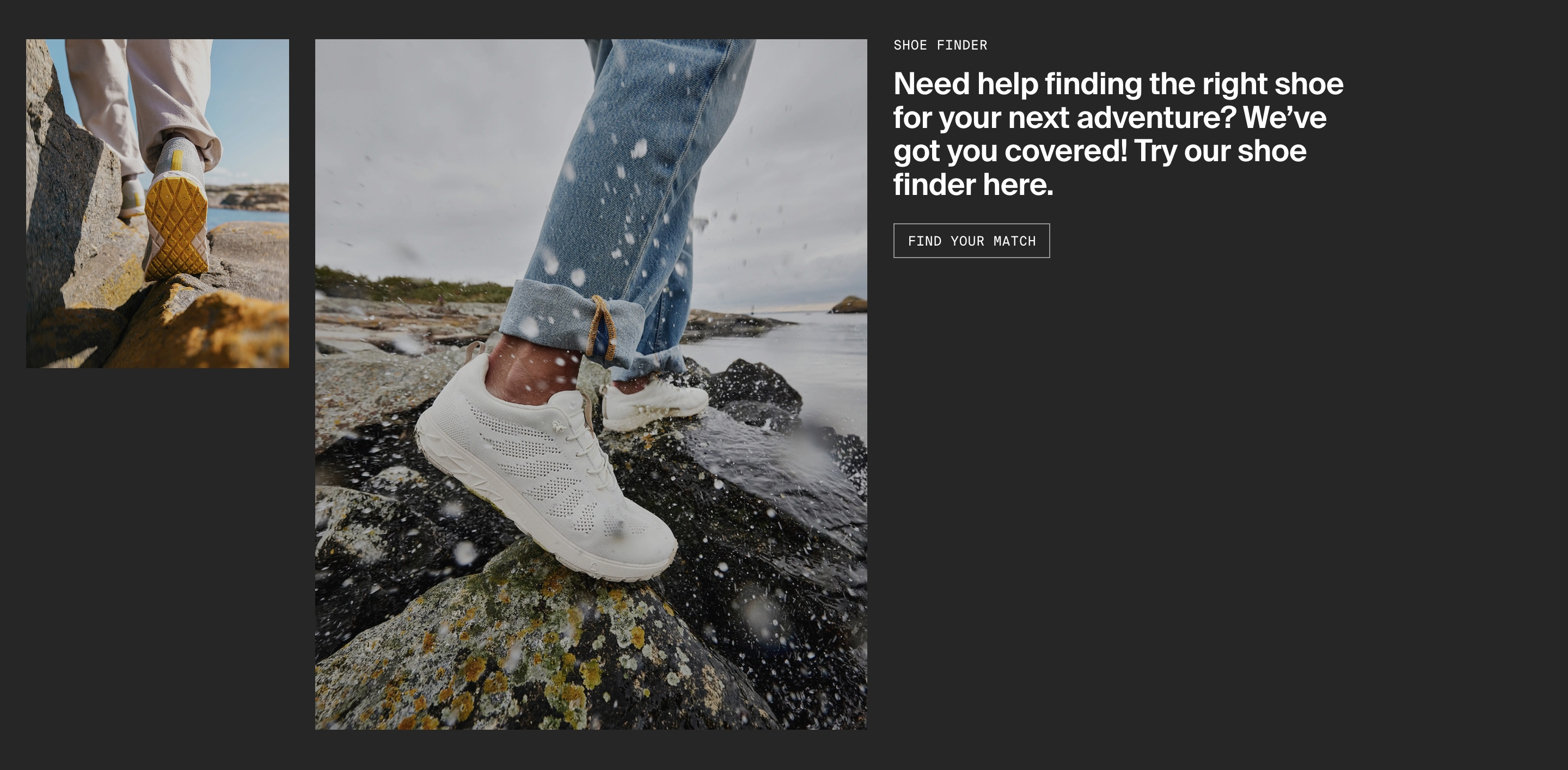 Icebug shoe-finder promo with two outdoor shoe photos, headline, and Find Your Match button on charcoal.