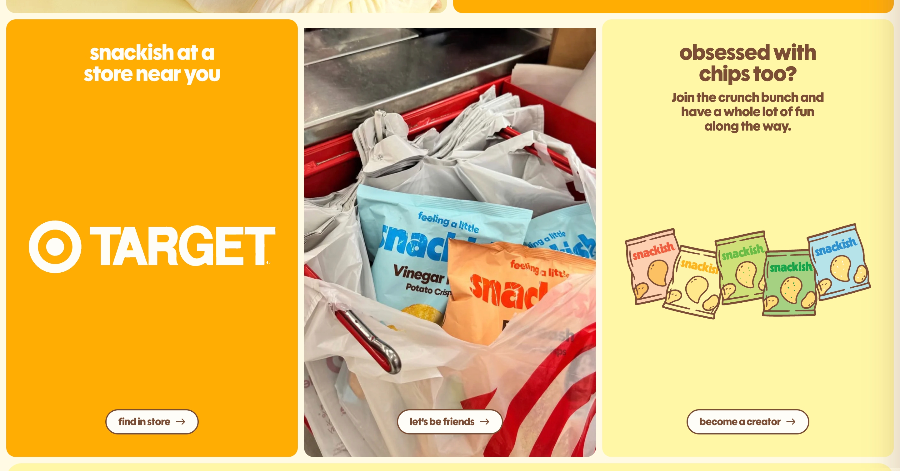 Snackish three-card section with Target store finder, chip bags in a cart, and creator club illustration