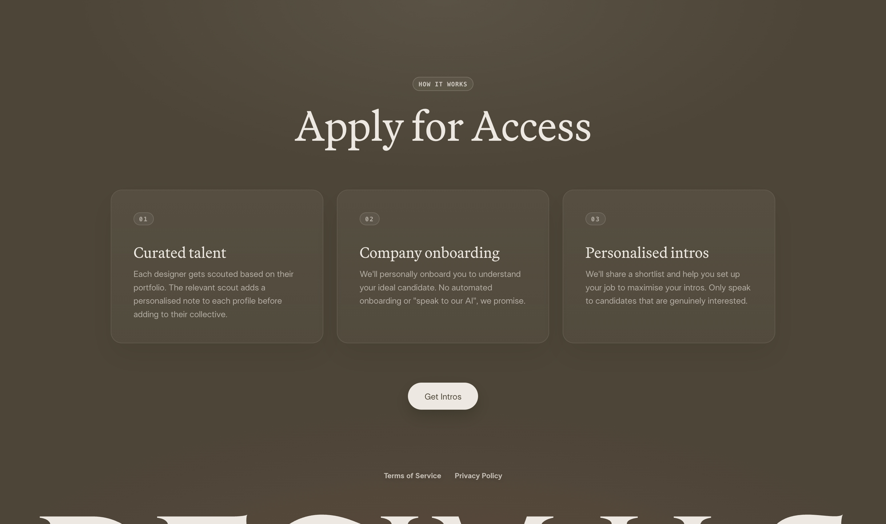 Decimals how-it-works section with Apply for Access heading, three numbered process cards, and Get Intros button