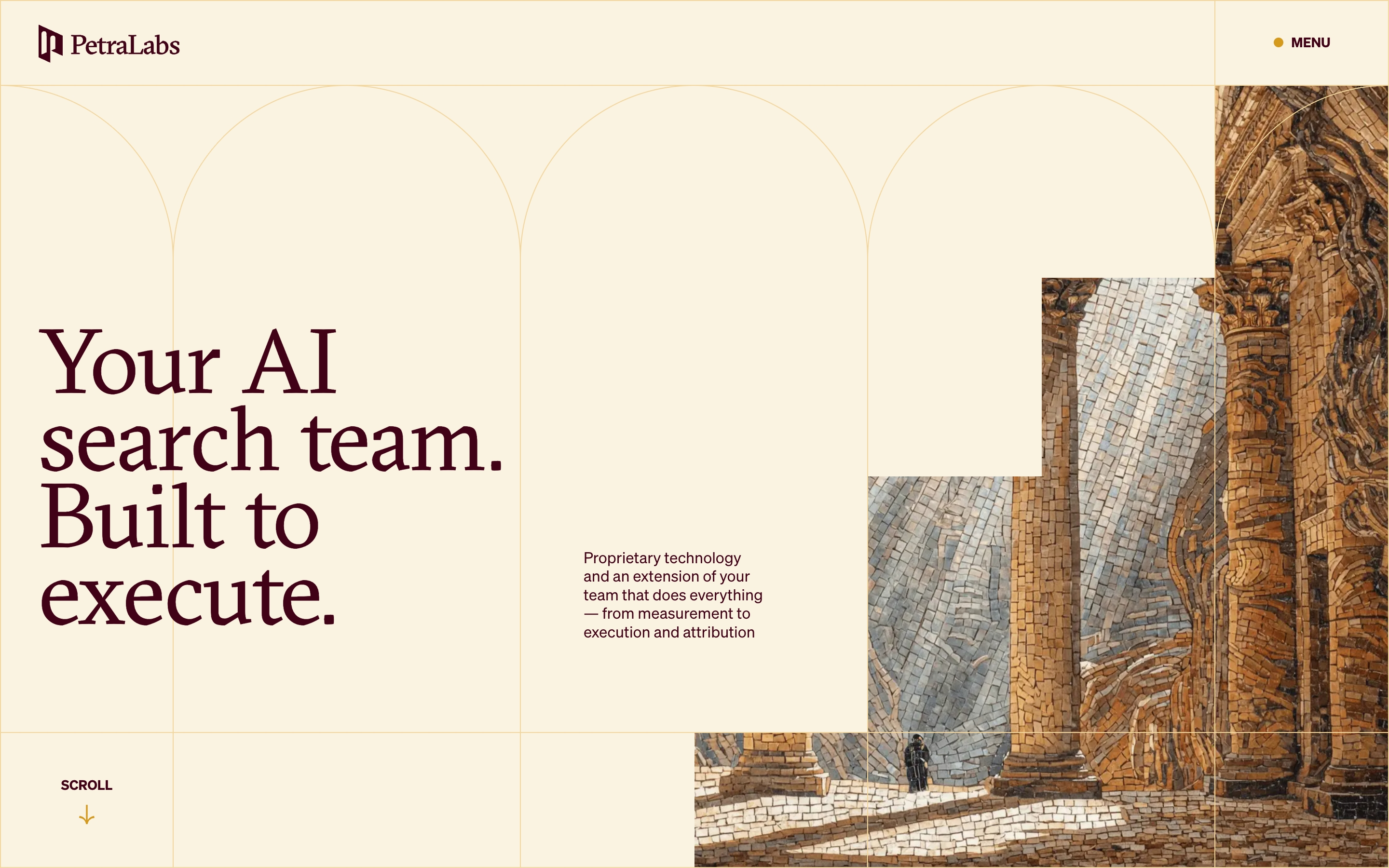 Petra Labs hero with oversized serif headline, supporting copy, and overlapping mosaic of ancient columns on a cream grid.