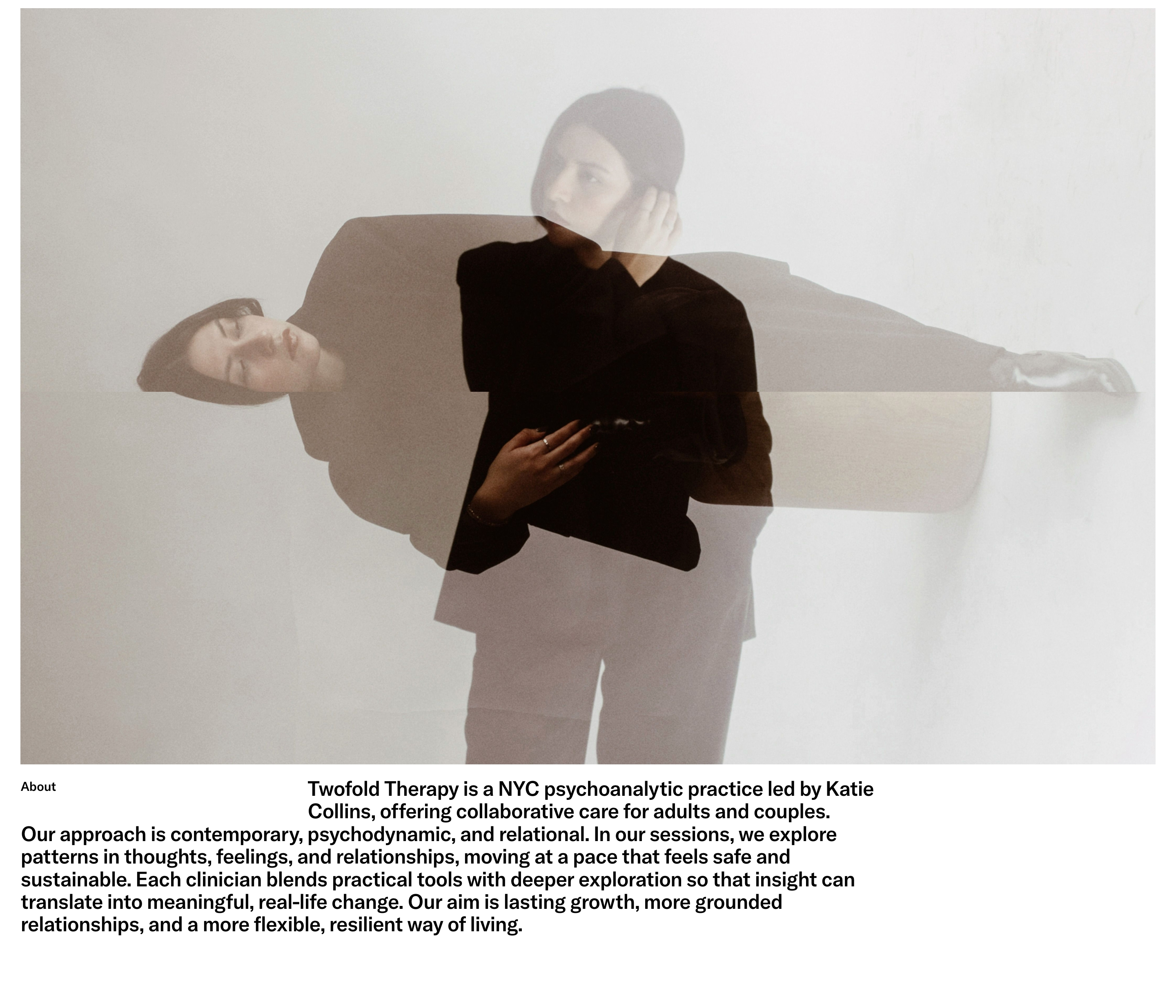Twofold Therapy about section with a double-exposure portrait above text introducing Katie Collins’ NYC practice.