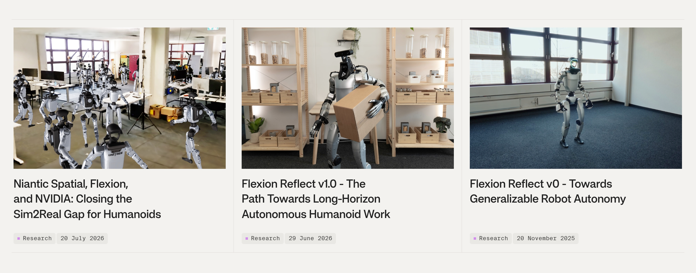 Flexion Robotics latest updates: three research cards with humanoid robot photos, headlines, and dates
