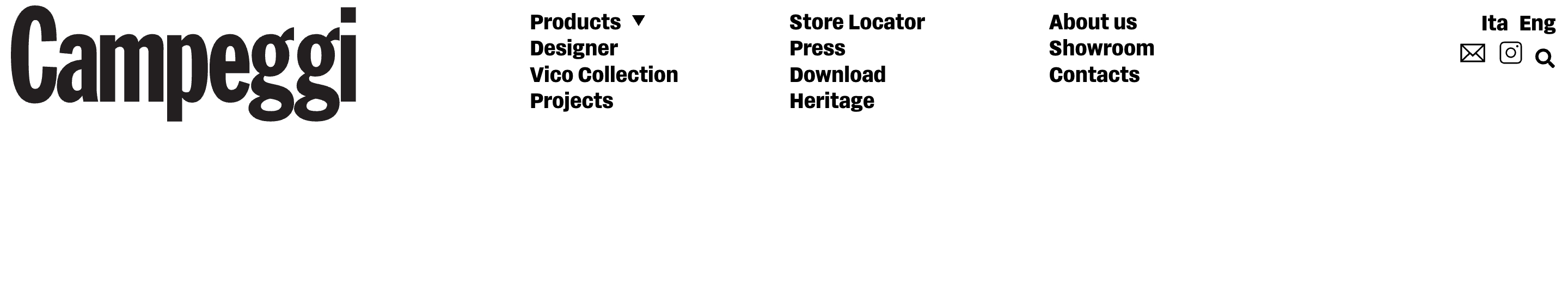 Campeggi Design header with oversized wordmark, three stacked nav columns, language switch, and utility icons