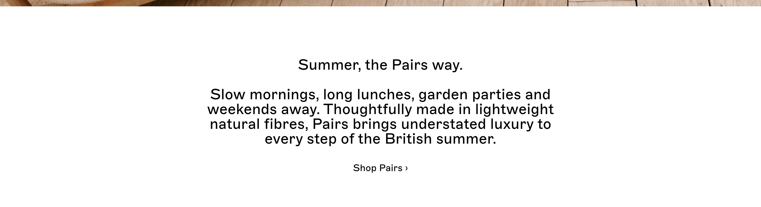 Pairs Socks introductory brand statement: centered summer headline, body copy, and Shop Pairs link on white.
