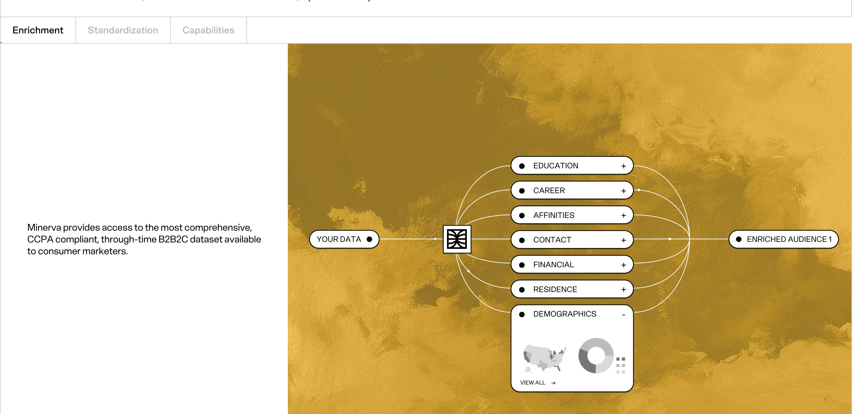 Minerva data enrichment section showing split layout and gold attribute flow to Enriched Audience 1