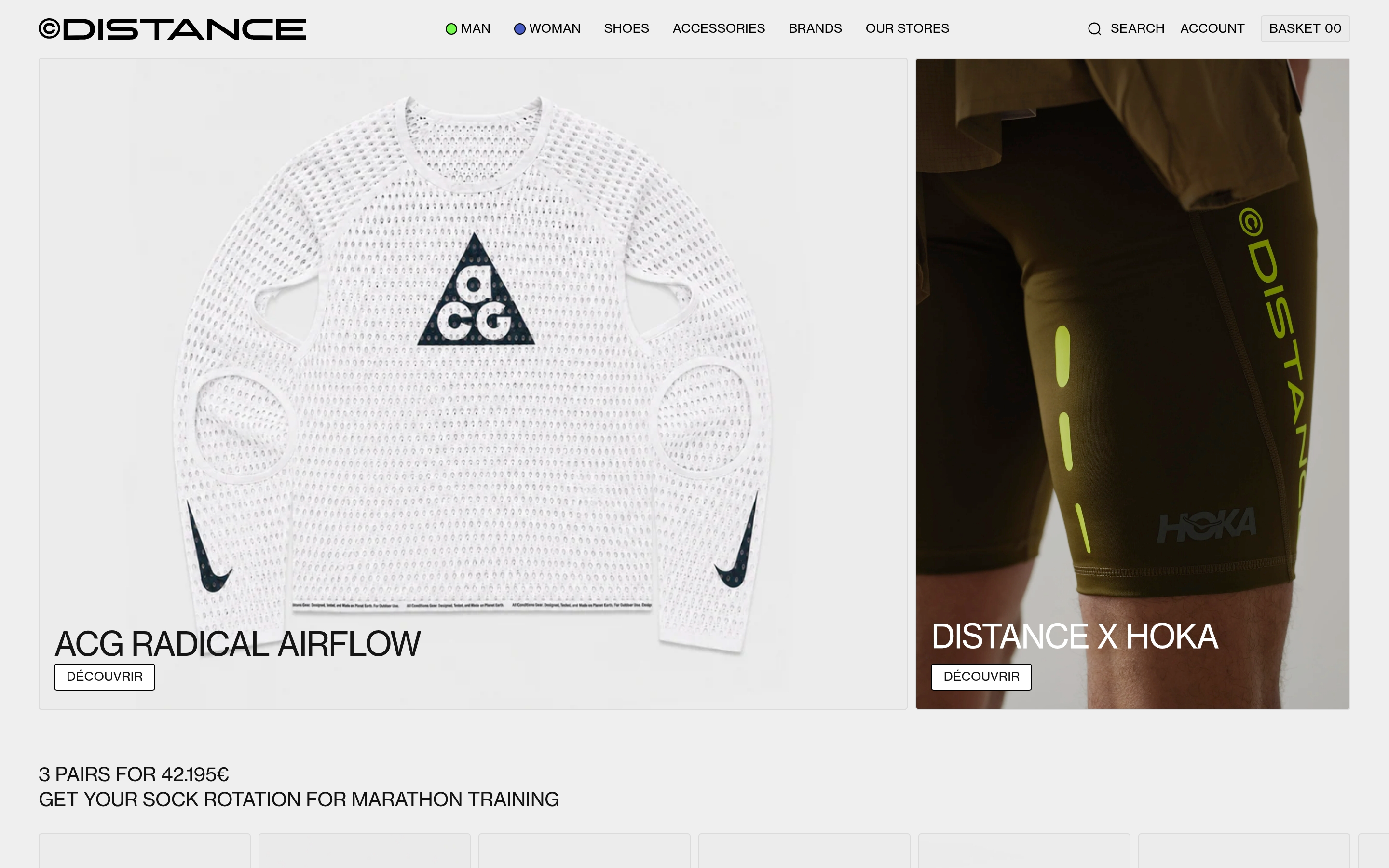 Distance hero showing ACG Radical Airflow mesh top and Distance x Hoka shorts campaign tiles.