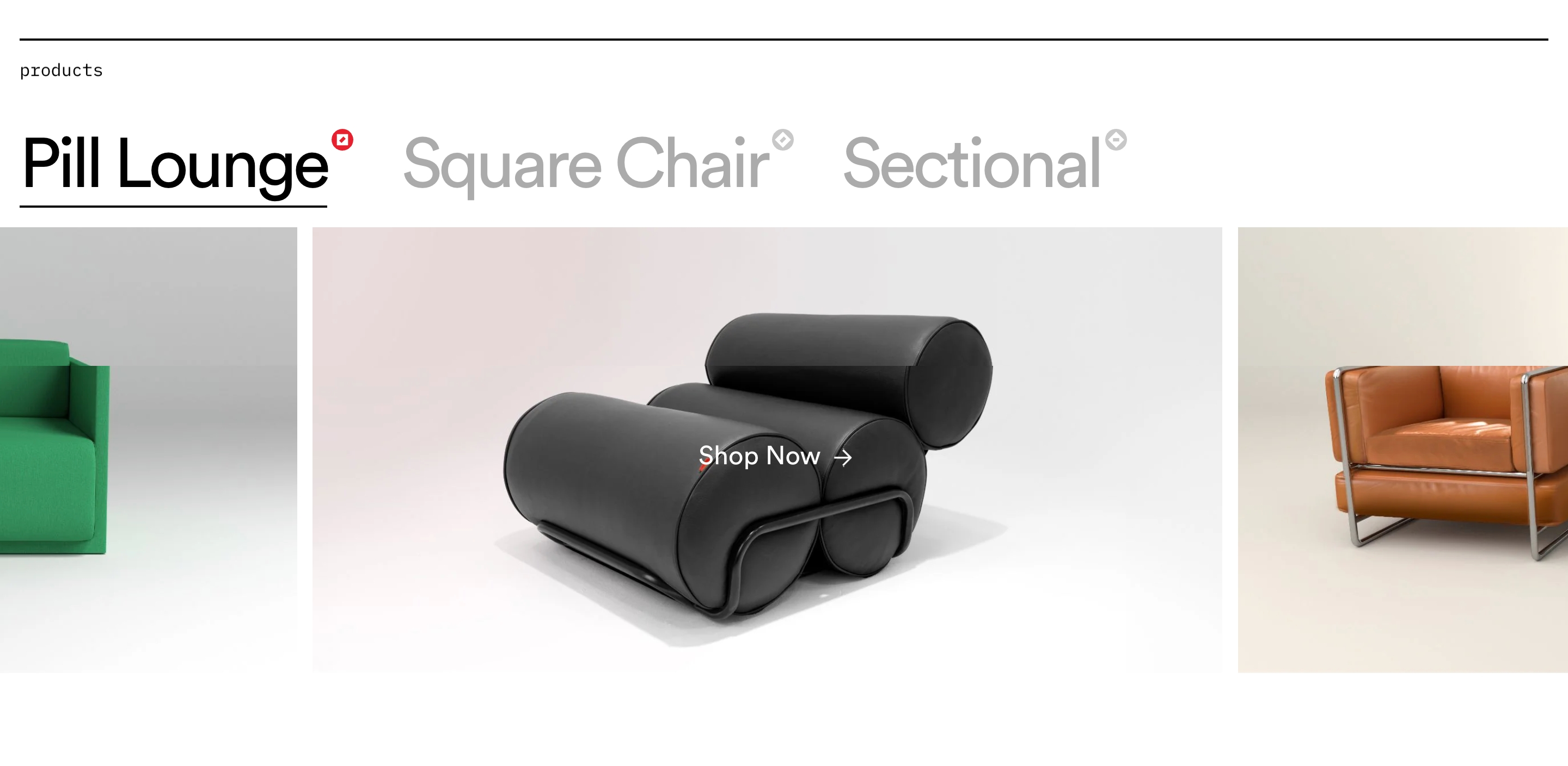 Stereo Furniture products section with Pill Lounge selected above three studio furniture photos and Shop Now
