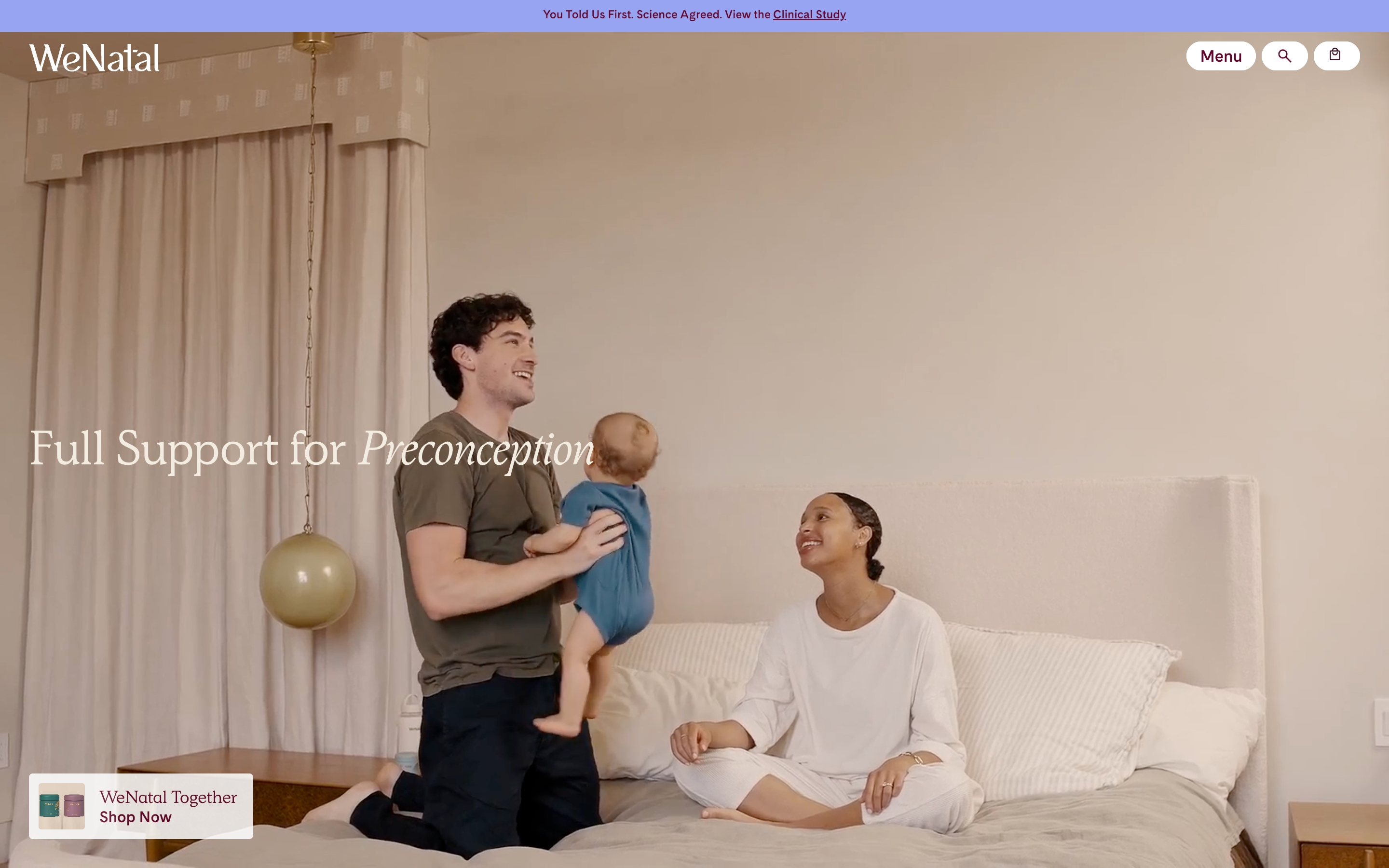 WeNatal hero: couple and baby in a bedroom, Full Support for Preconception headline, WeNatal Together card.