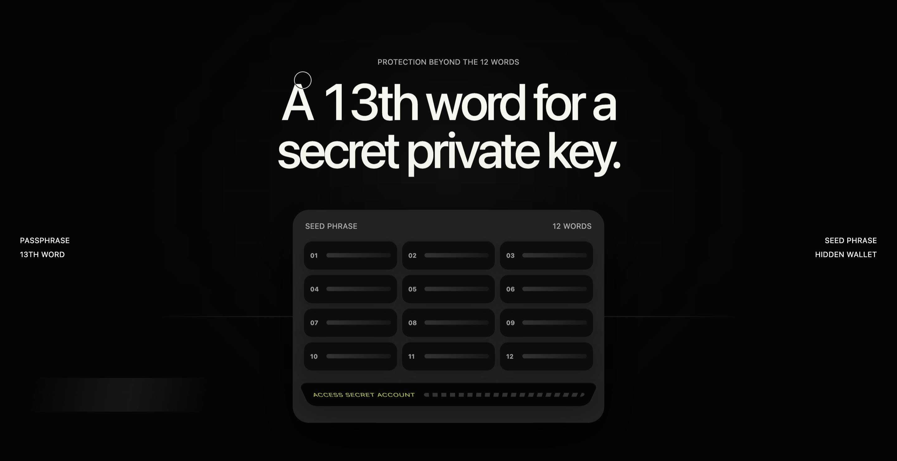 OneWhale value proposition: dark 13th-word headline above a 12-slot seed phrase card labeled passphrase and hidden wallet.