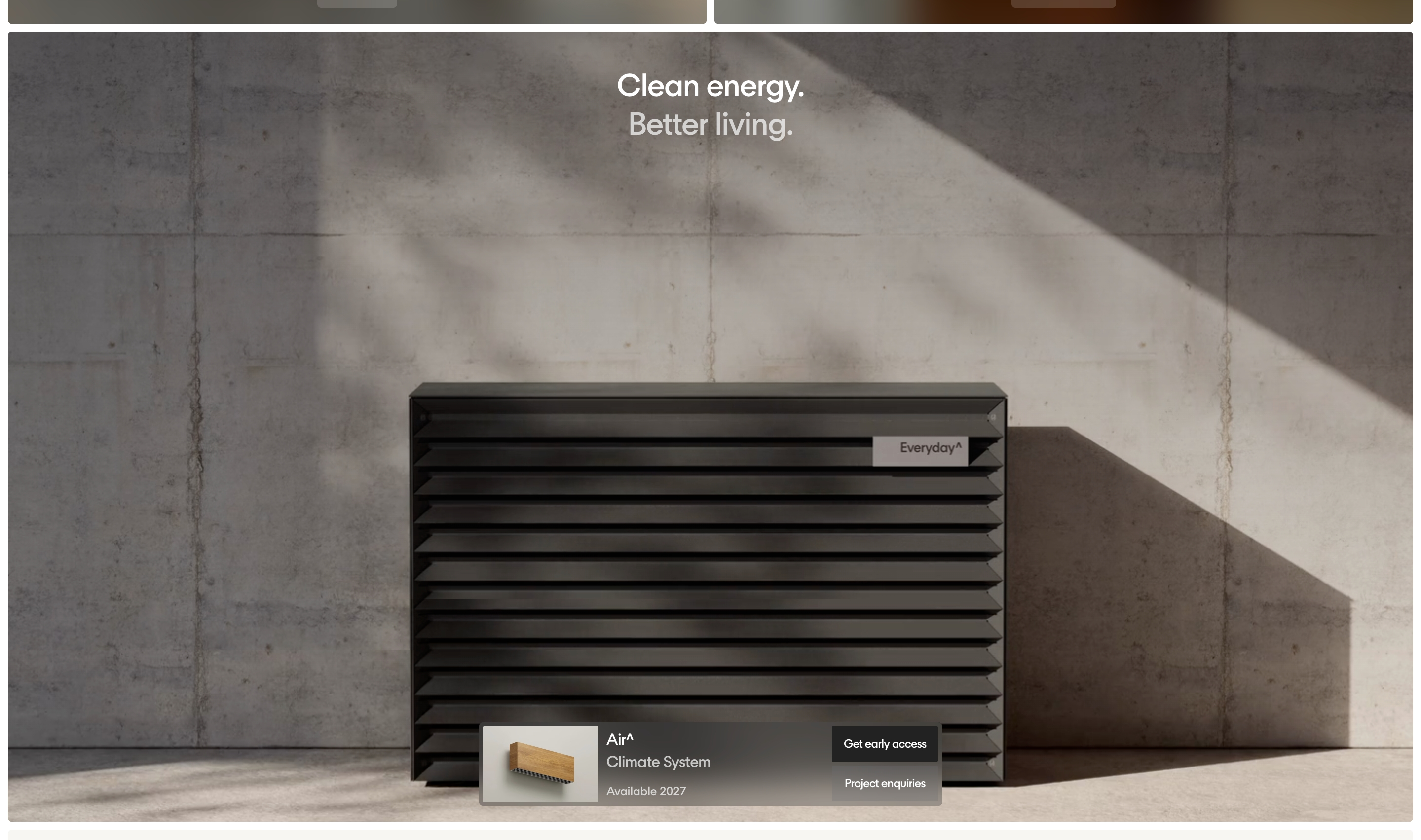 Everyday product CTA: Clean energy headline, slatted Air^ unit, and 2027 climate system card with access buttons.