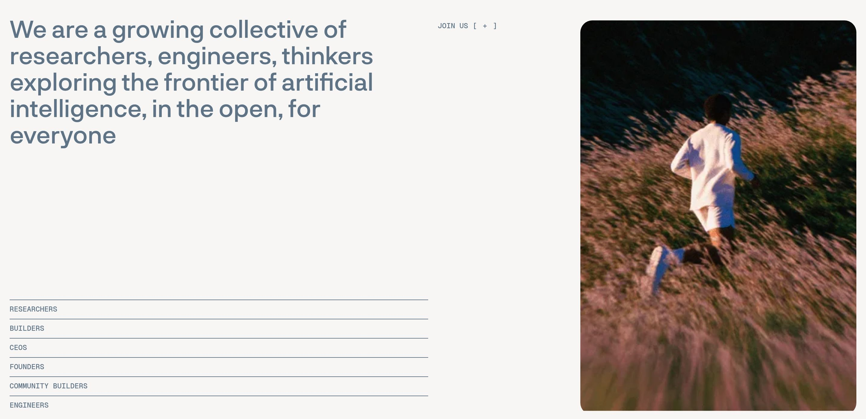Sentient Foundation about overview: large collective headline, all-caps role list, and photo of a person running through grass