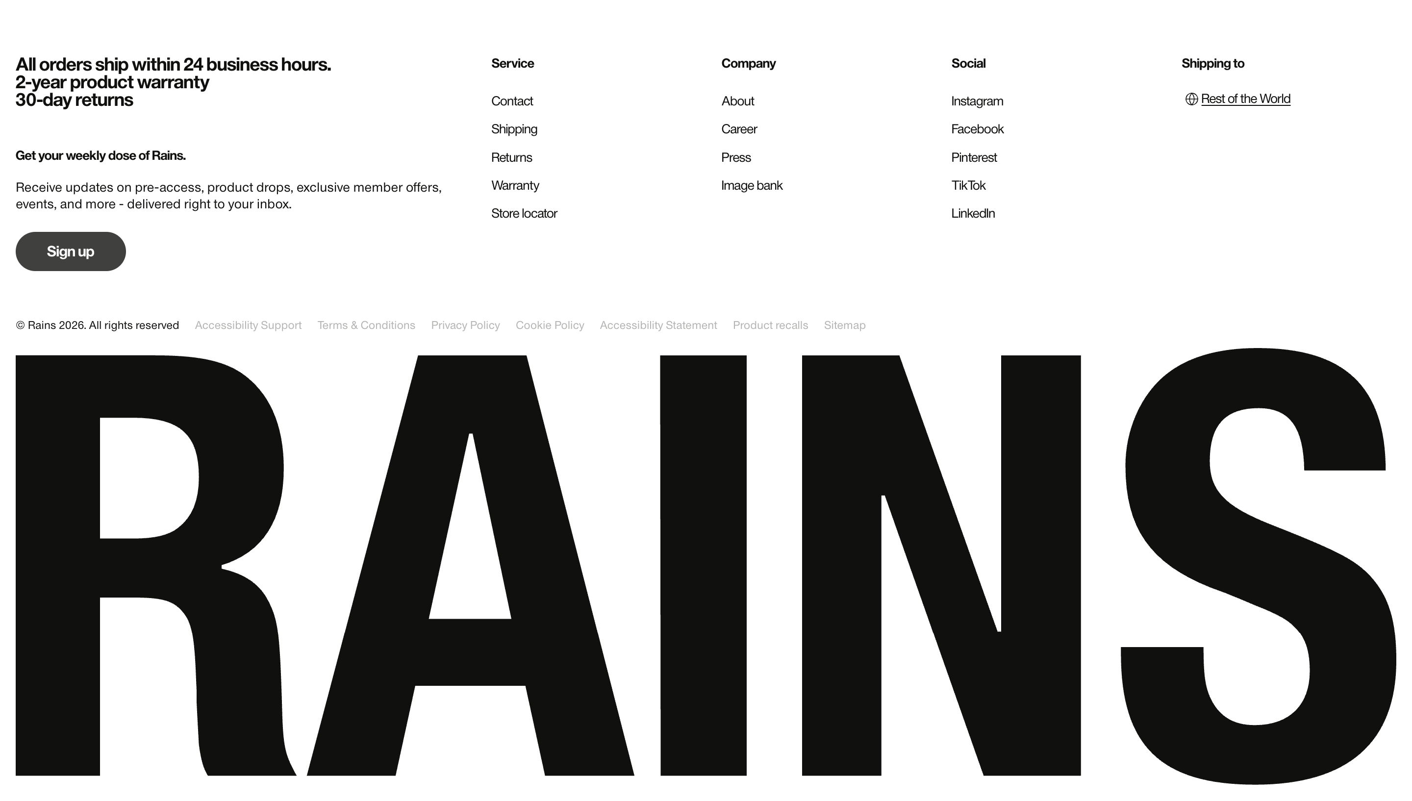 Rains footer with shipping promises, newsletter signup, link columns, legal row, and huge black RAINS wordmark.