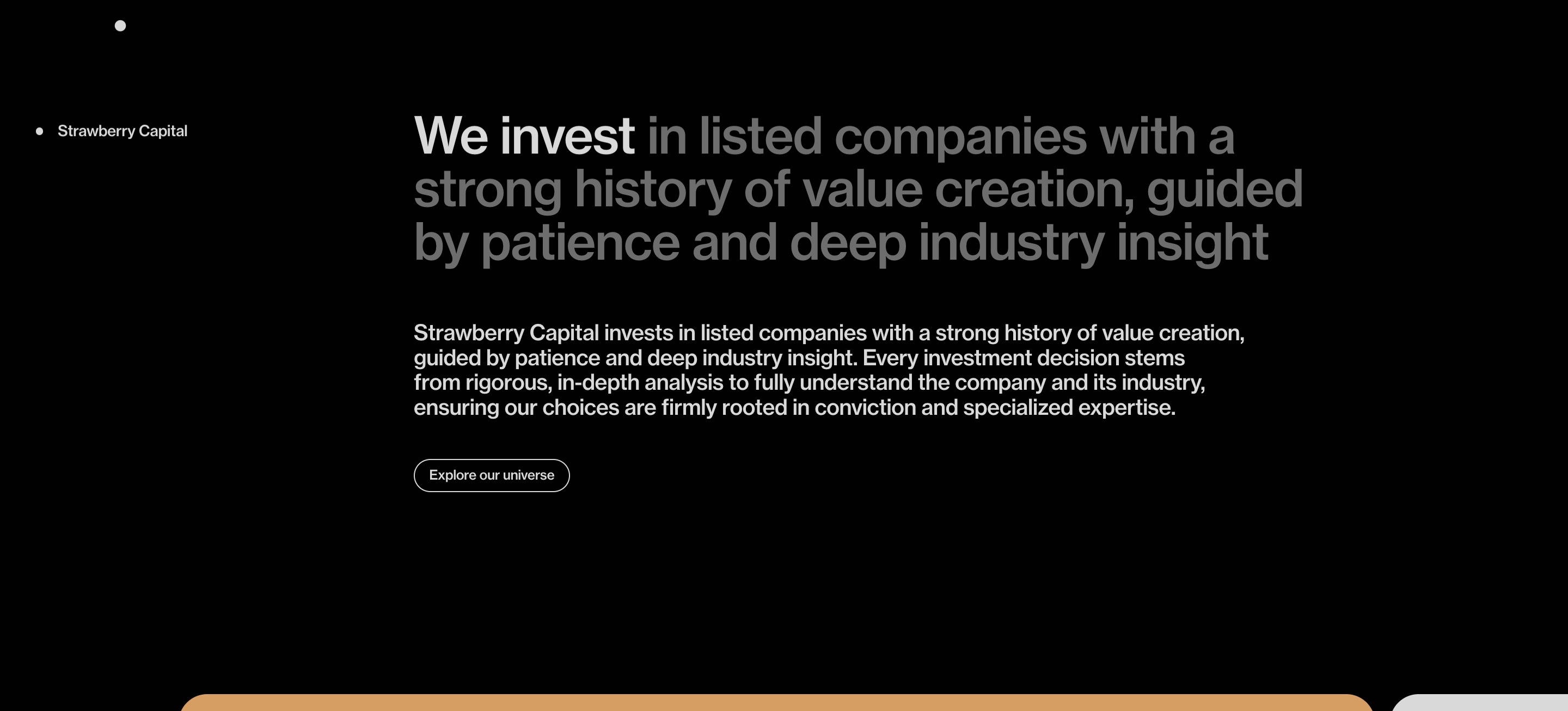 Strawberry Group capital section with dark two-column layout, Strawberry Capital label, large headline, body copy, and Explore button