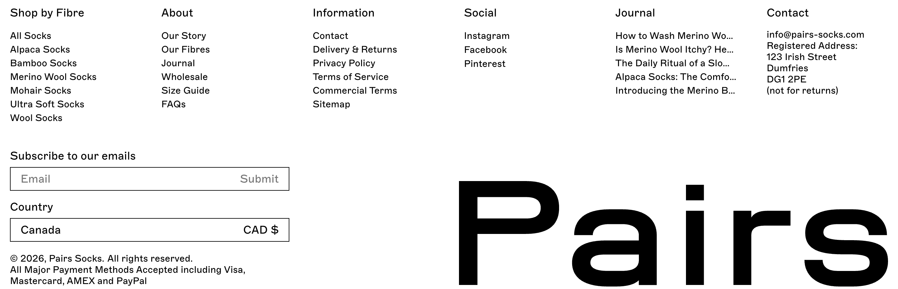 Pairs Socks site footer with six link columns, email form, country selector, and oversized Pairs wordmark