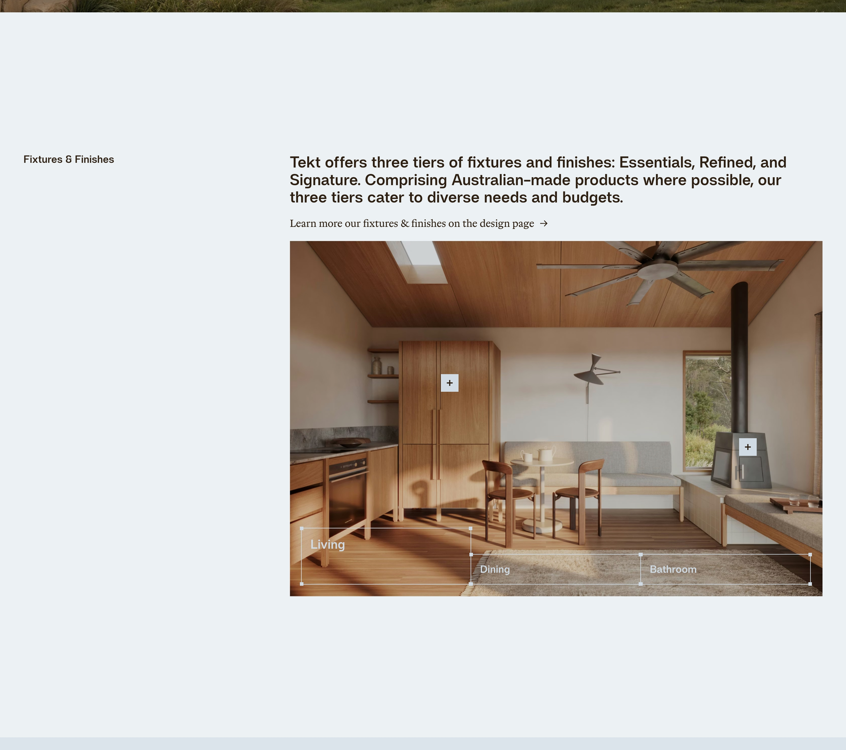 Tekt fixtures and finishes section with intro copy and a timber kitchen interior labeled Living, Dining, and Bathroom.
