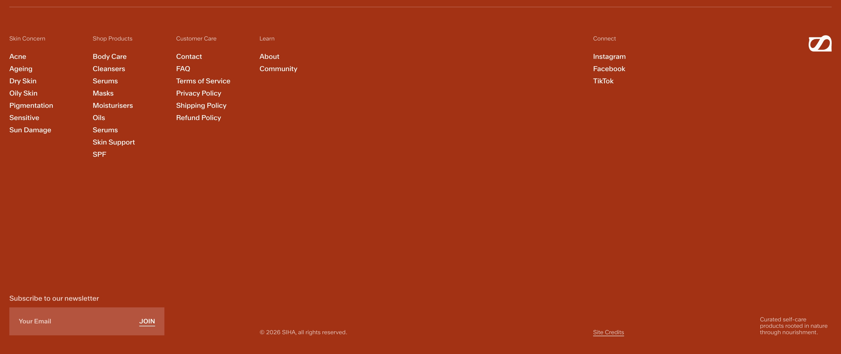 SIHA footer on rust background with shop columns, social links, newsletter field, and logo