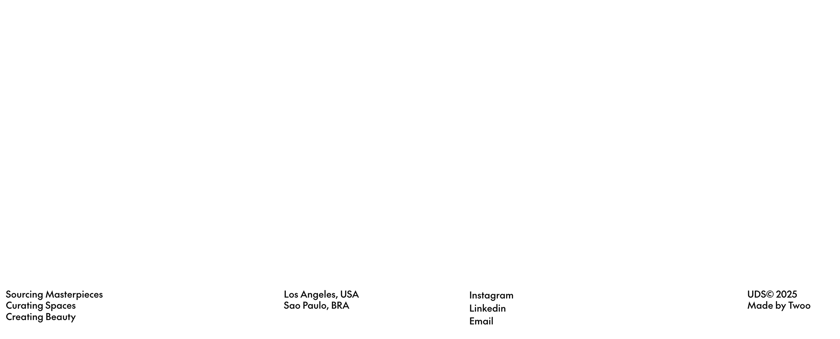 Ulysses de Santi footer: white field with four text columns for tagline, cities, social links, and copyright.