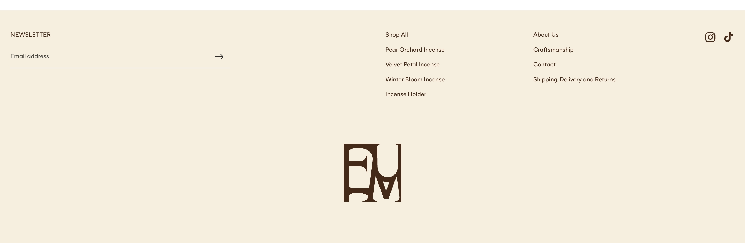 Fume footer with newsletter field, shop and about links, social icons, and large FUME monogram on cream.