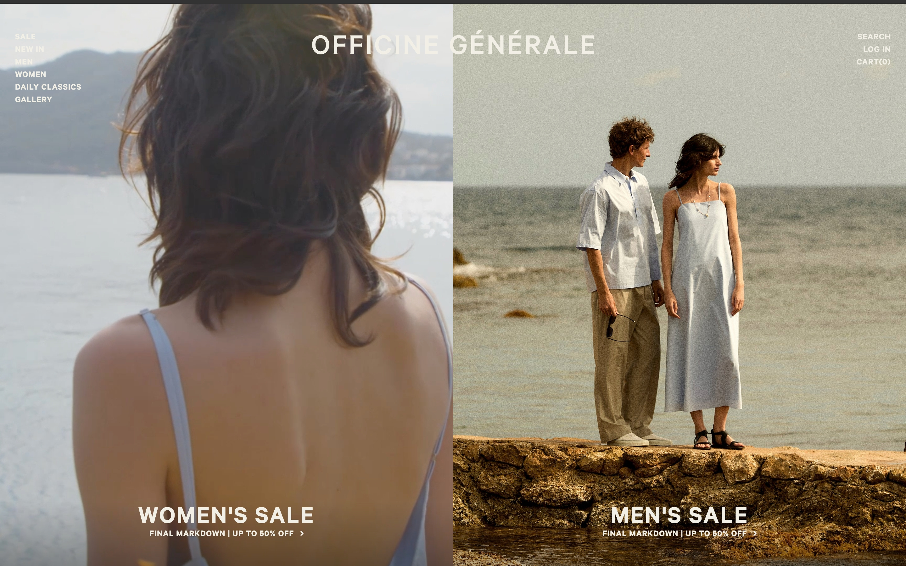 Officine Générale hero: split coastal photos of a woman by water and a couple on a seawall with sale headlines.