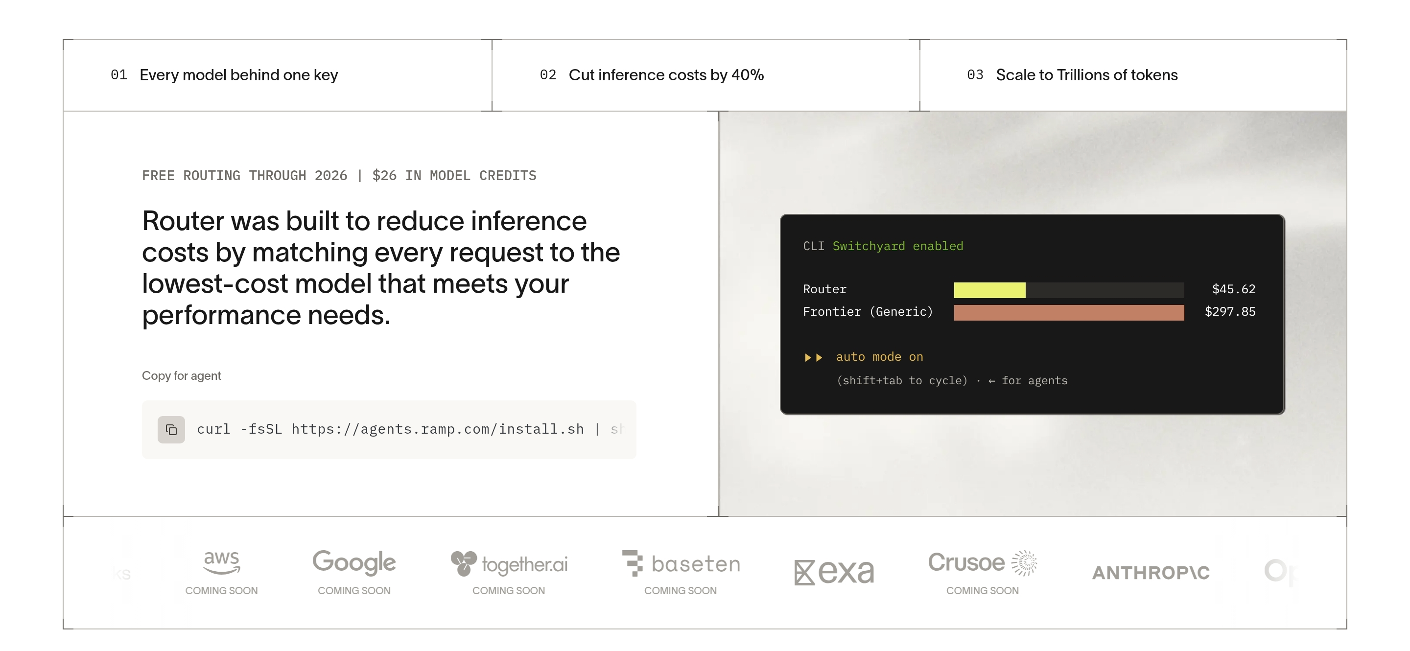 Router by Ramp feature section with numbered claims, routing headline, curl snippet, and CLI cost bars.