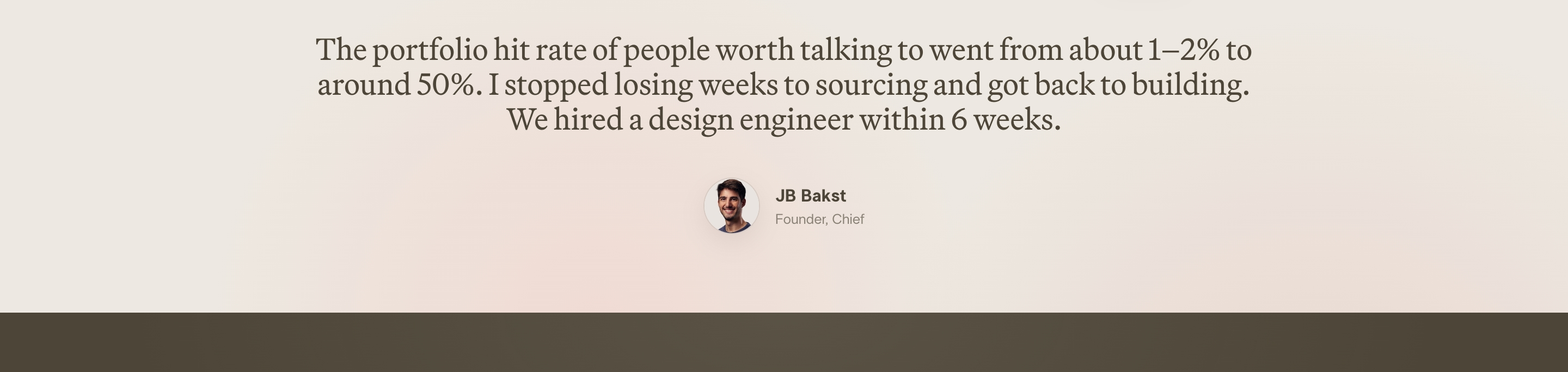 Decimals testimonial with a large serif quote and JB Bakst photo, name, and Founder, Chief title.