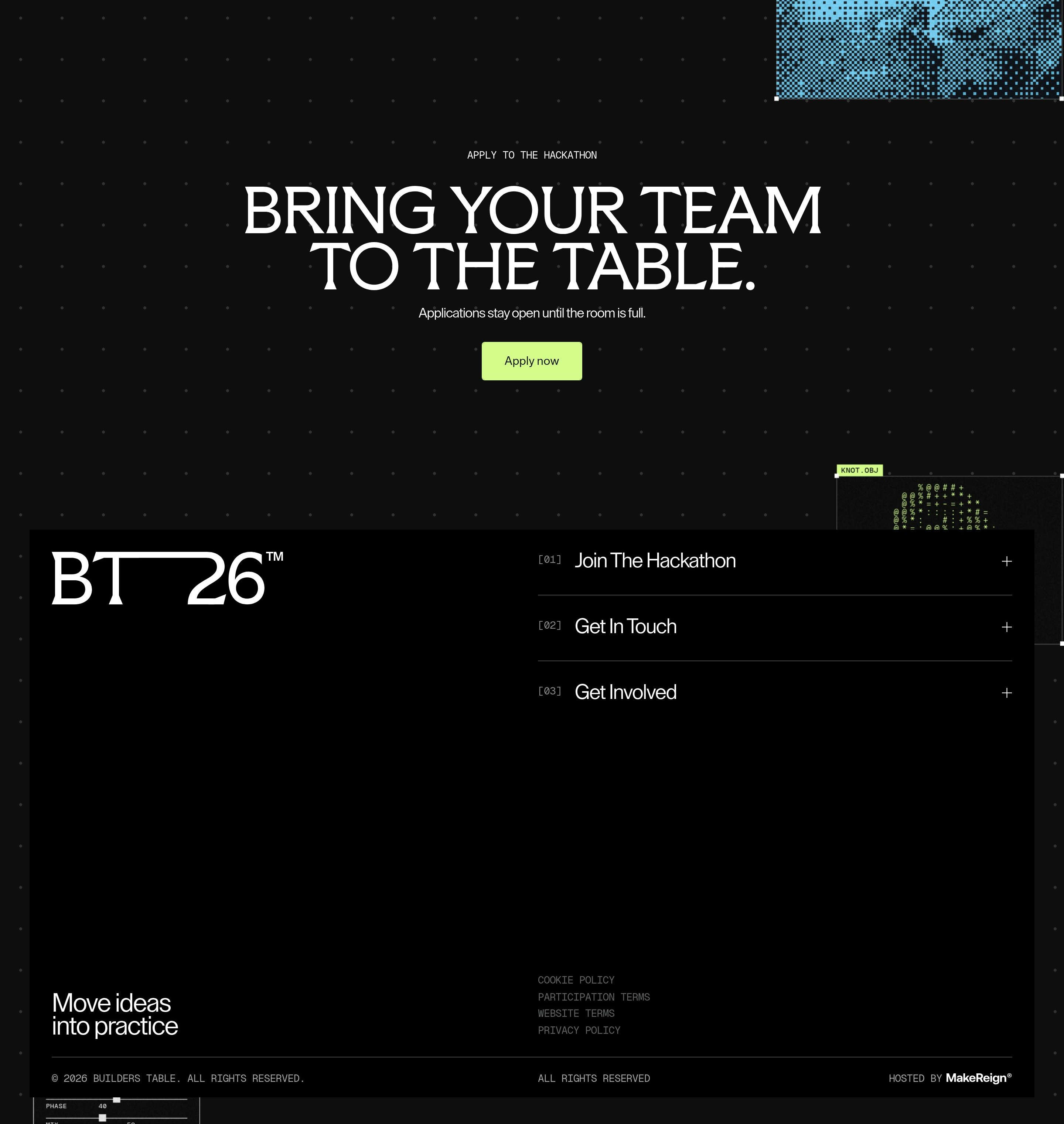 Builders Table footer with hackathon CTA, lime Apply button, oversized BT26 mark, numbered plus-list, and legal links.