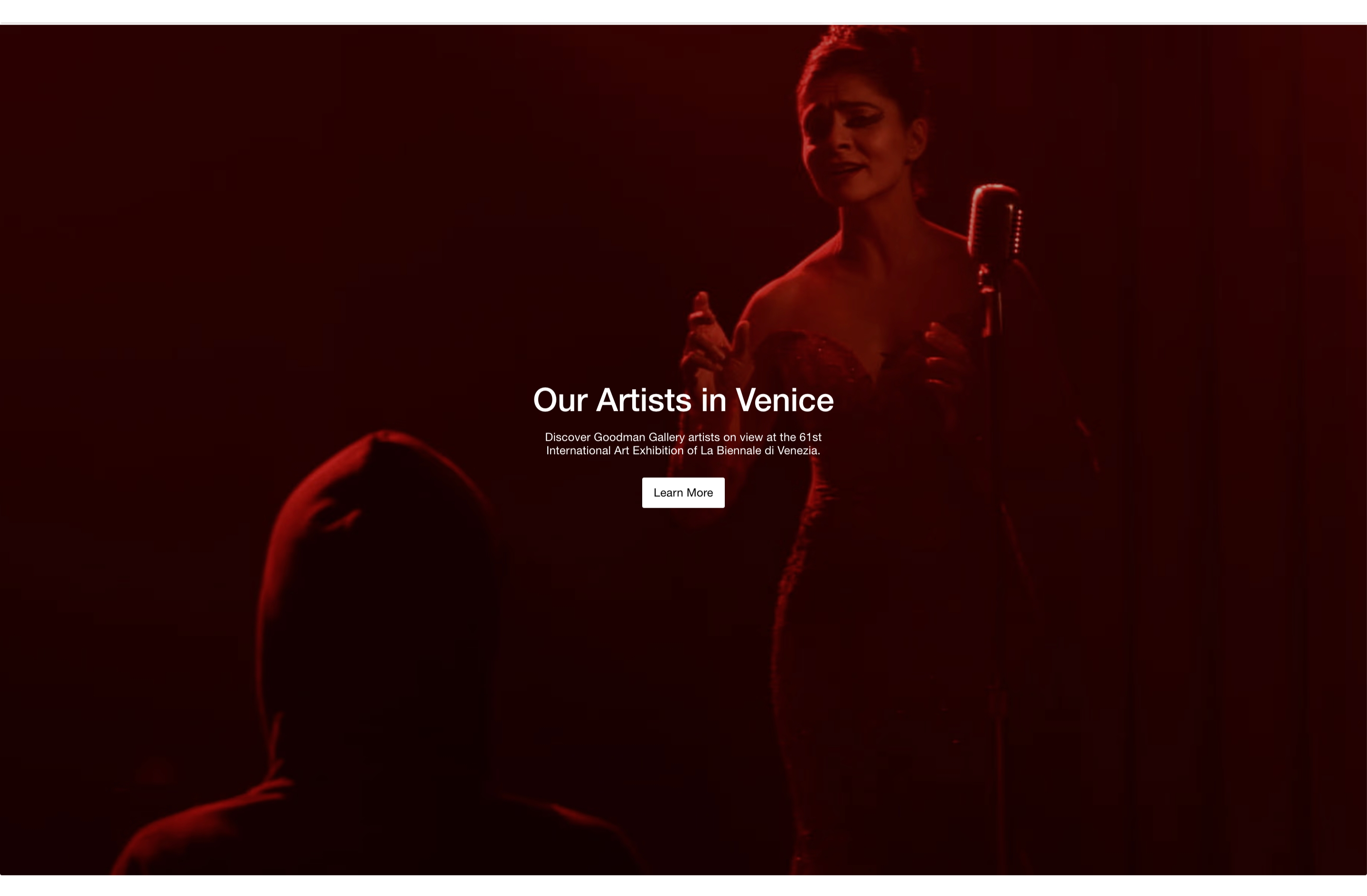 Goodman Gallery exhibition banner with a red-lit singer, Venice artists headline, and Learn More button
