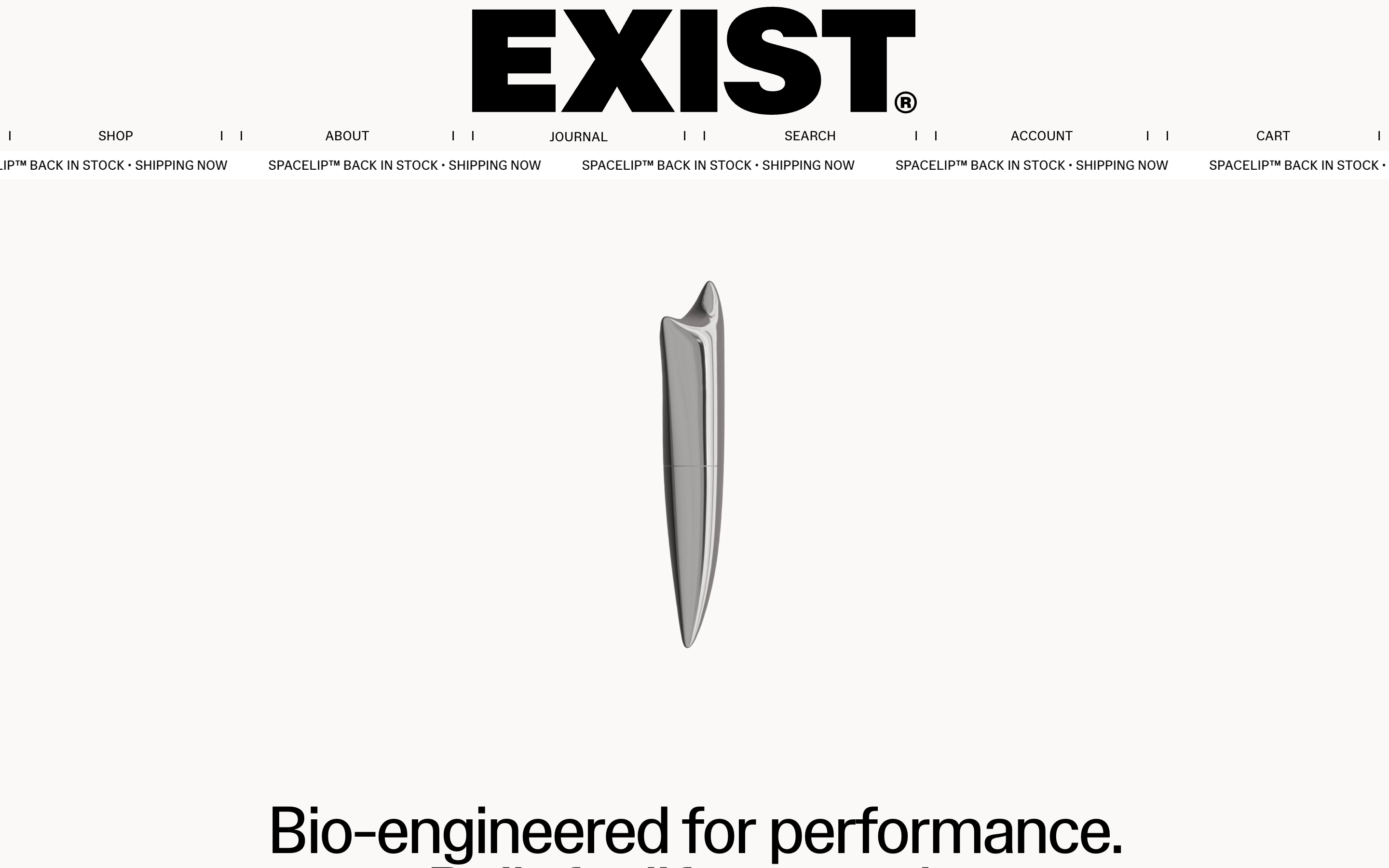 EXIST hero: oversized EXIST logo, nav, repeating SPACELIP notice, centered metallic applicator, large performance headline