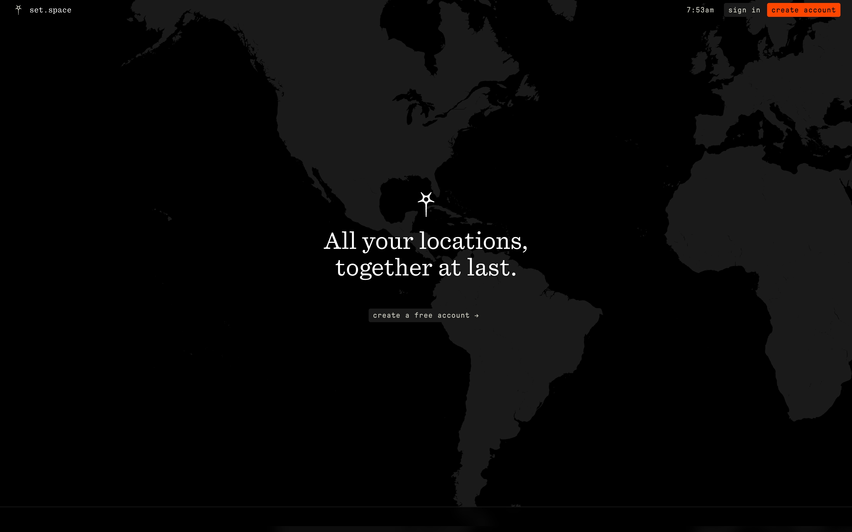 Set Space hero with a dark world map, centered serif headline, star mark, and create account buttons.