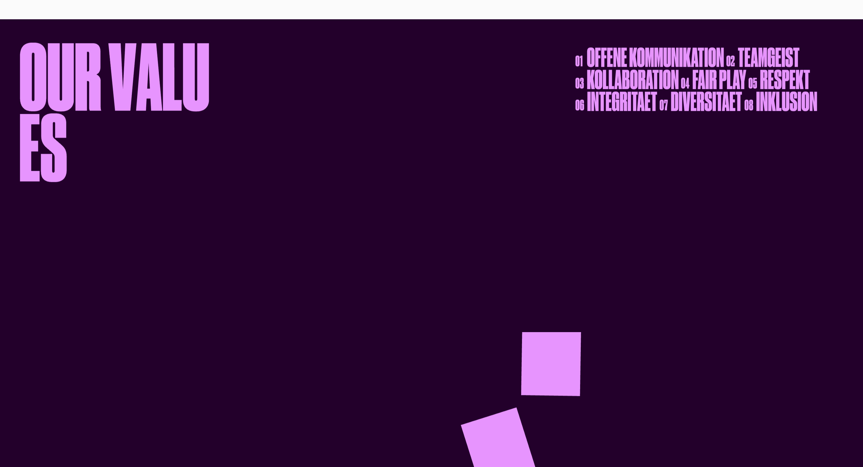 Champions for Good Club values section: oversized OUR VALUES, numbered German list, two pink squares on dark purple.