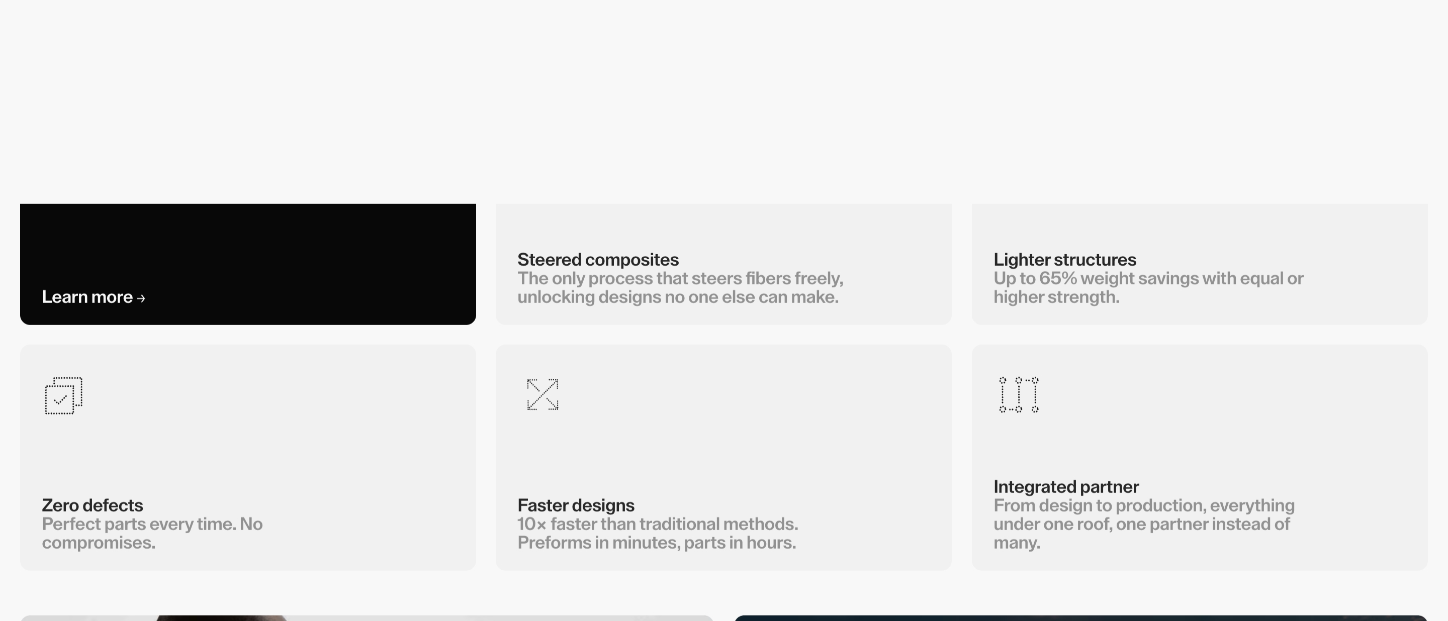 Icomat feature grid: black Learn more card plus five pale benefit cards with dotted icons