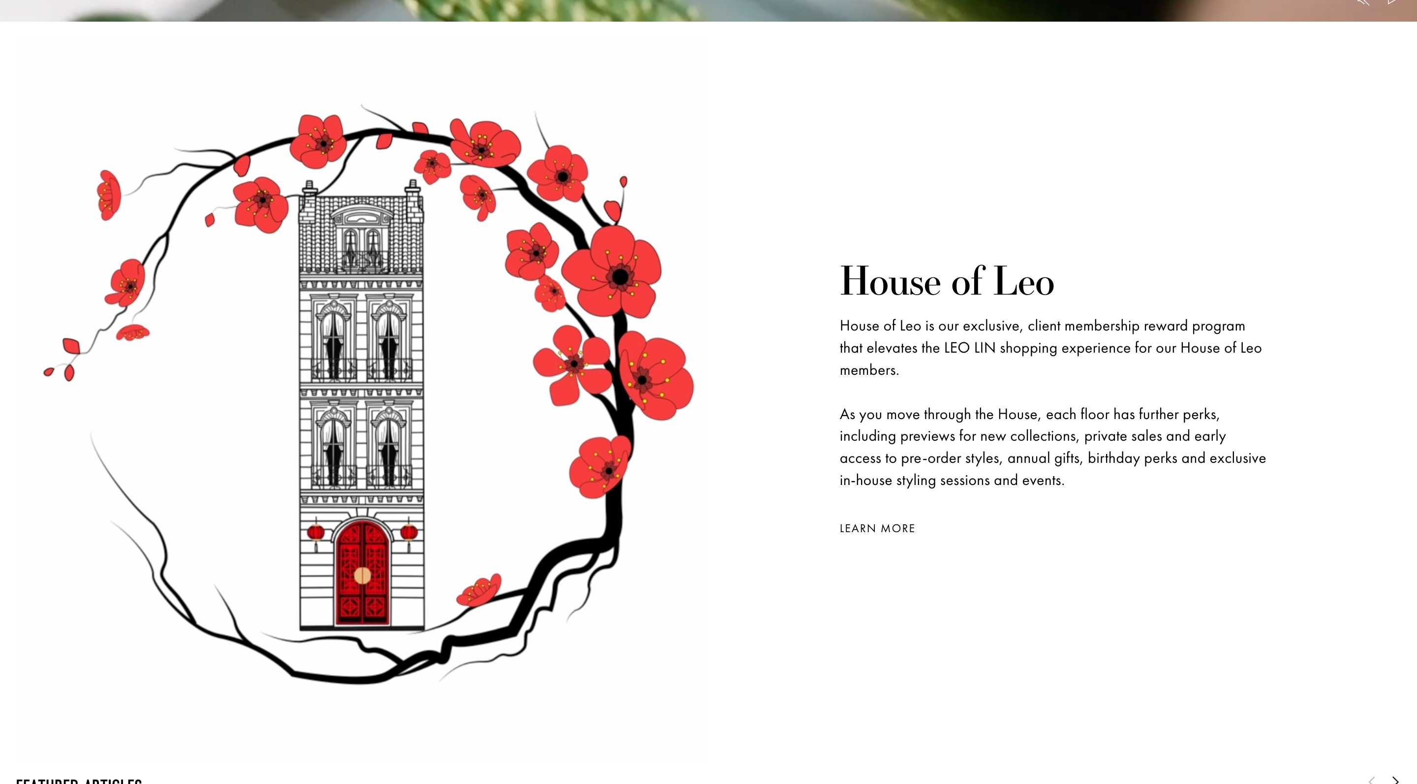 Leo Lin House of Leo section: blossom-framed townhouse drawing beside membership copy and Learn More